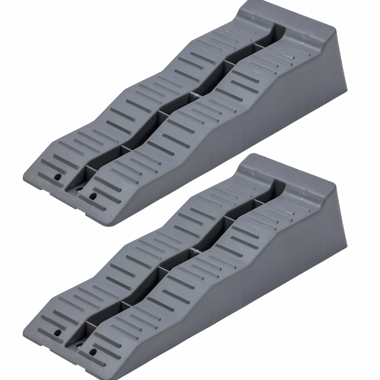 KATSU Tools 2 szt. rampy poziomujące do przyczep kempingowych, pojemność 5 ton, wytrzymałe, 3-stopniowe, plastikowe, kampery, kampery, rampy krawężnikowe, bloki kół, niwelatory, szare, 570 x 200 x 130