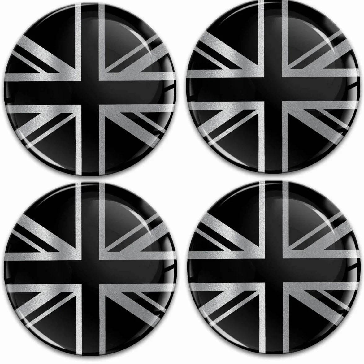 Biomar Labs 4 x 70 mm naklejki 3D silikonowe UK GB United Kingdom Union Jack Flaga Srebrno-czarne dla nakładek na koła, osłon piasty, nakładki na koła, naklejki na koła, osłony piasty A 10870