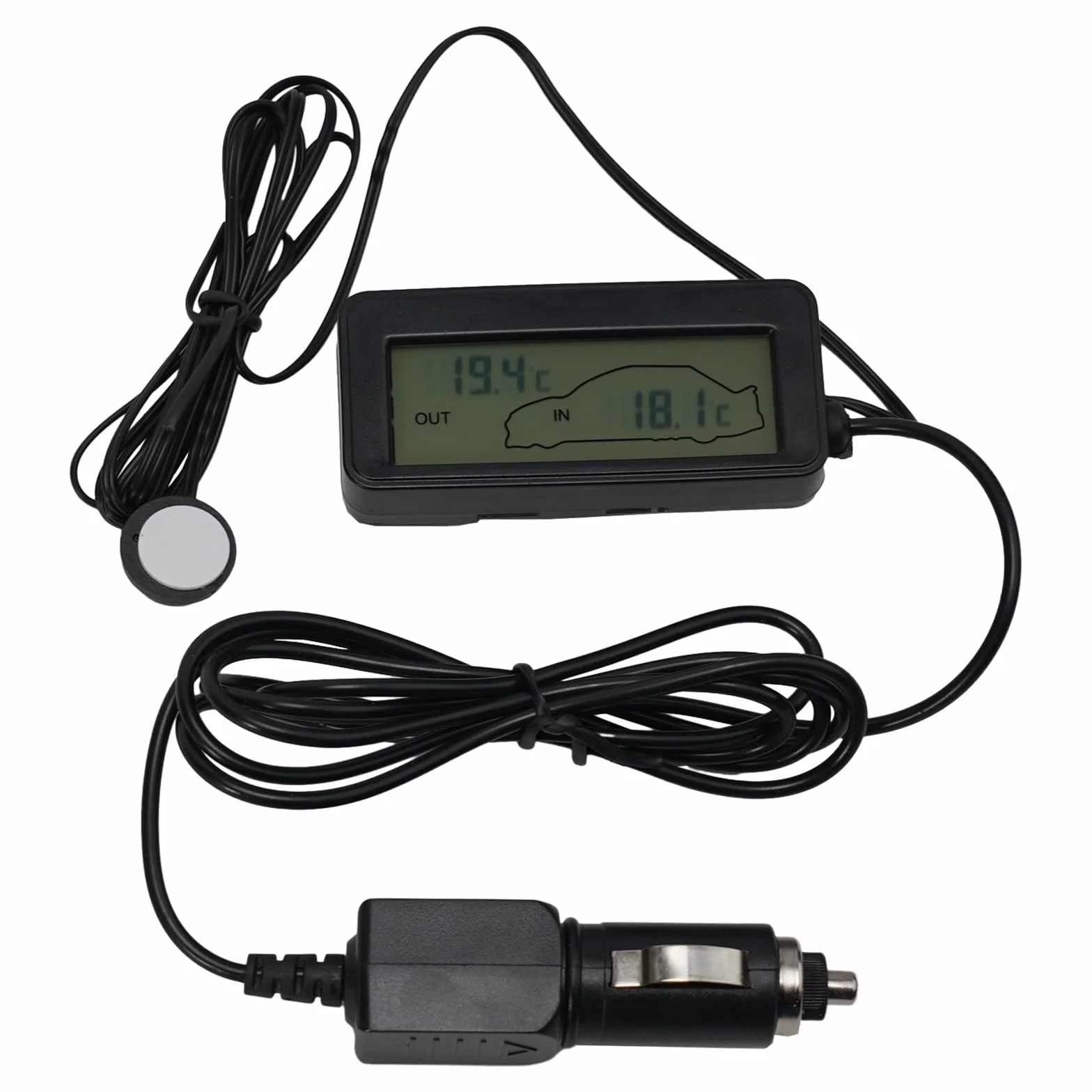 QOXEZY Termometr zewnętrzny 12 V do wnętrza samochodu, termometr samochodowy, cyfrowy wyświetlacz LCD (zielony)