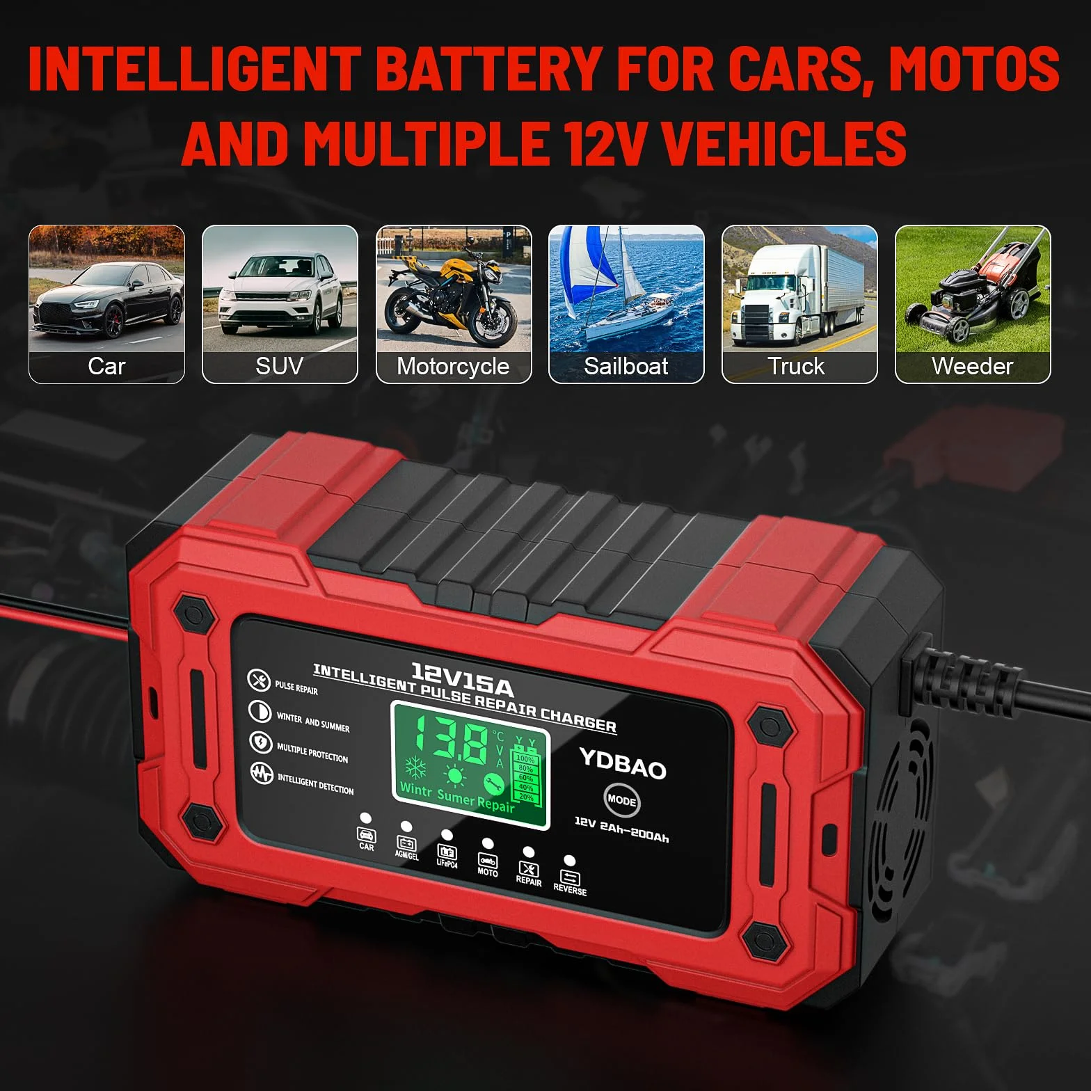 YDBAO Prostownik Samochodowy 15A 12V LiFePO4, Inteligentna Ładowarka do Akumulatorów Auto i Moto z Wyświetlaczem LCD, Tryb Naprawy, Zabezpieczenia do AGM GEL EFB SLA WET LiFePO4