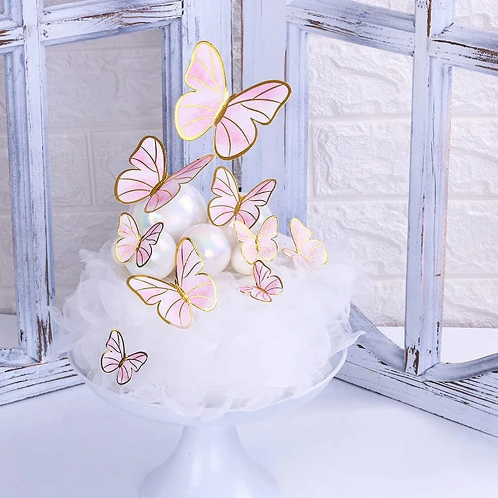 3D Motyl Topper na tort Mieszany rozmiar, Motyl Ozdoby na babeczki, Dekoracje na Ciasto, Mieszany rozmiar, Motyl Topper na Urodziny Motyw Ślubny Artykuły Dekoracja Ścienna - 30 szt. - Różowy