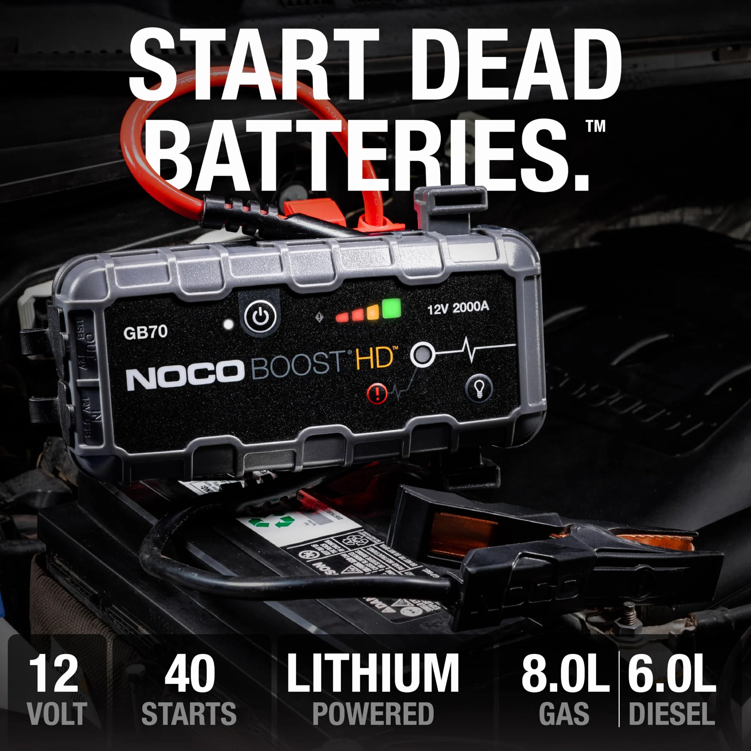 NOCO Boost HD GB70 2000A 12V UltraSafe litowy urządzenie rozruchowe, booster do akumulatora I kable rozruchowe do 8,0-litrowych silników benzynowych i 6,0-litrowych silników wysokoprężnych
