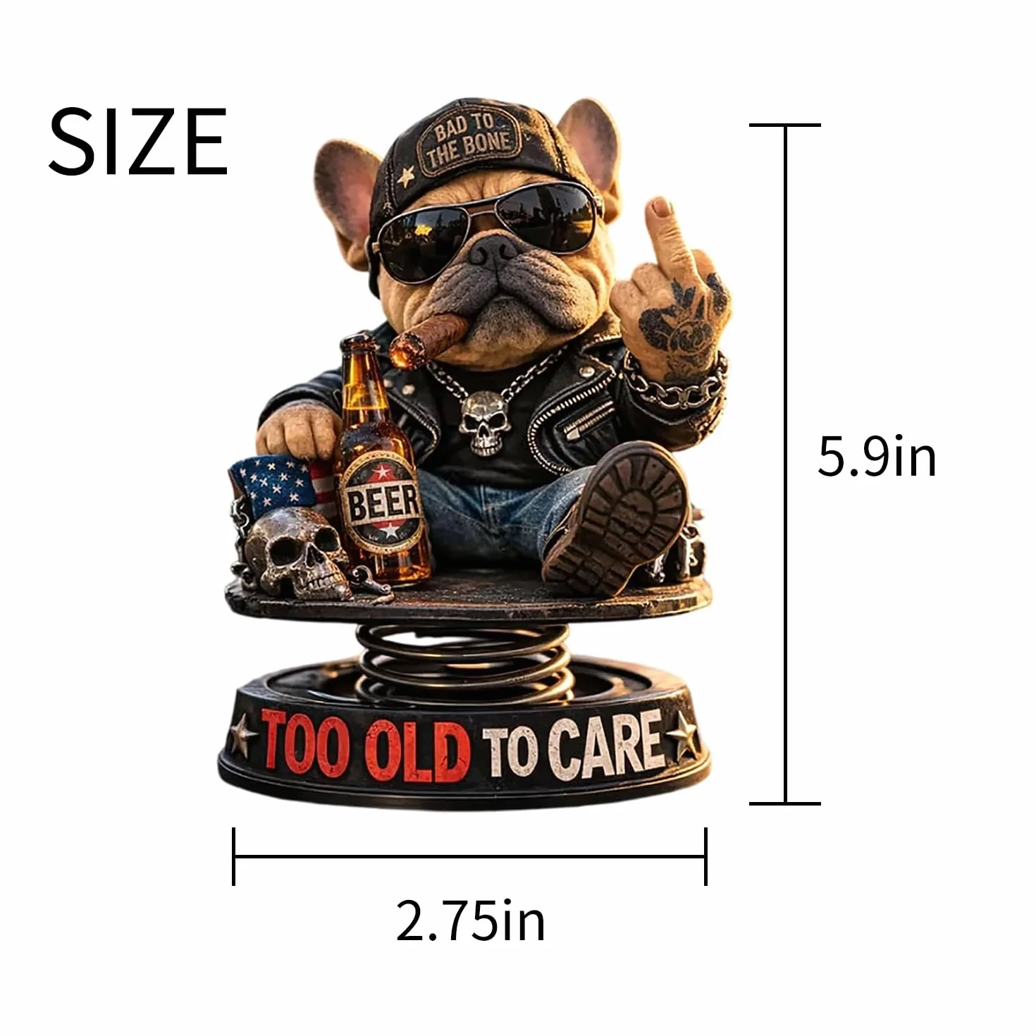 Too Old to Care Dashboard Bobblehead, dekoracja deski rozdzielczej buldog środkowy palec