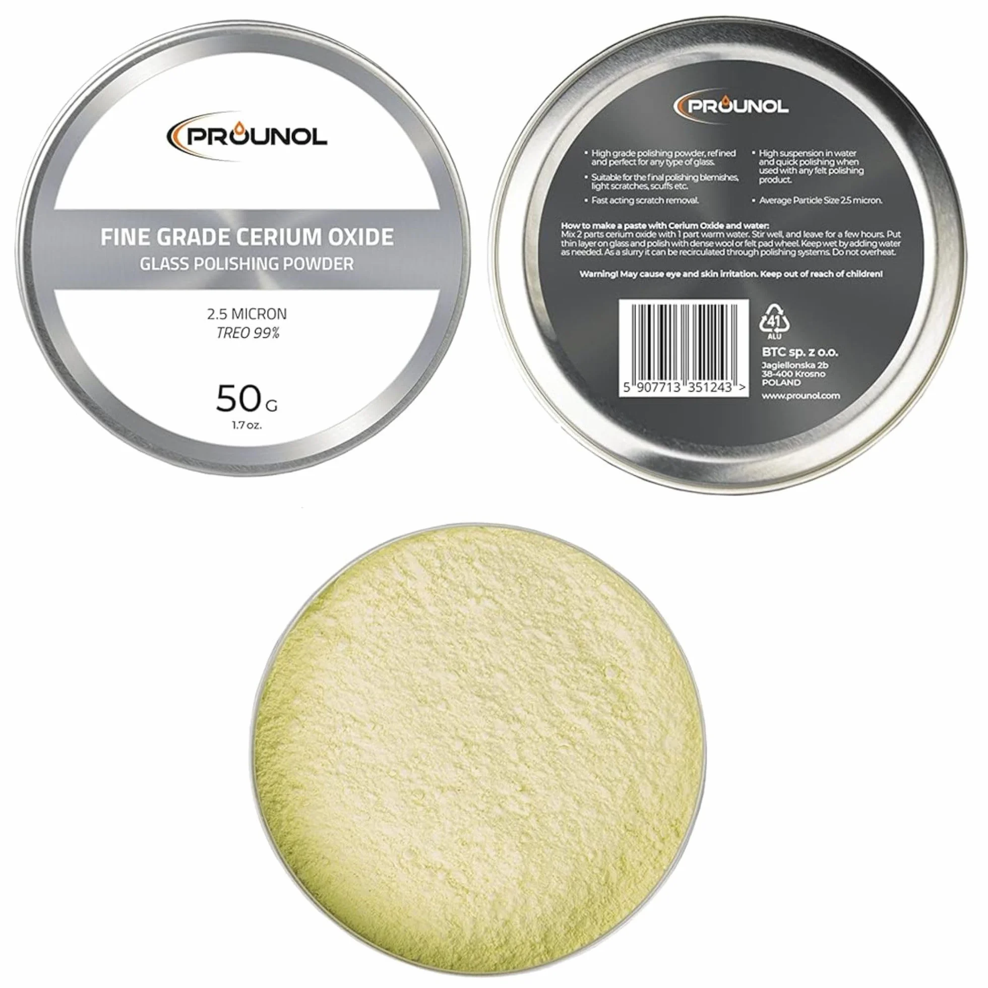 Prounol Tlenek ceru - Cerium Oxide - Proszek do polerowania szkła o wysokiej jakości – TREO 99% – 2,5 mikronów – 50 g