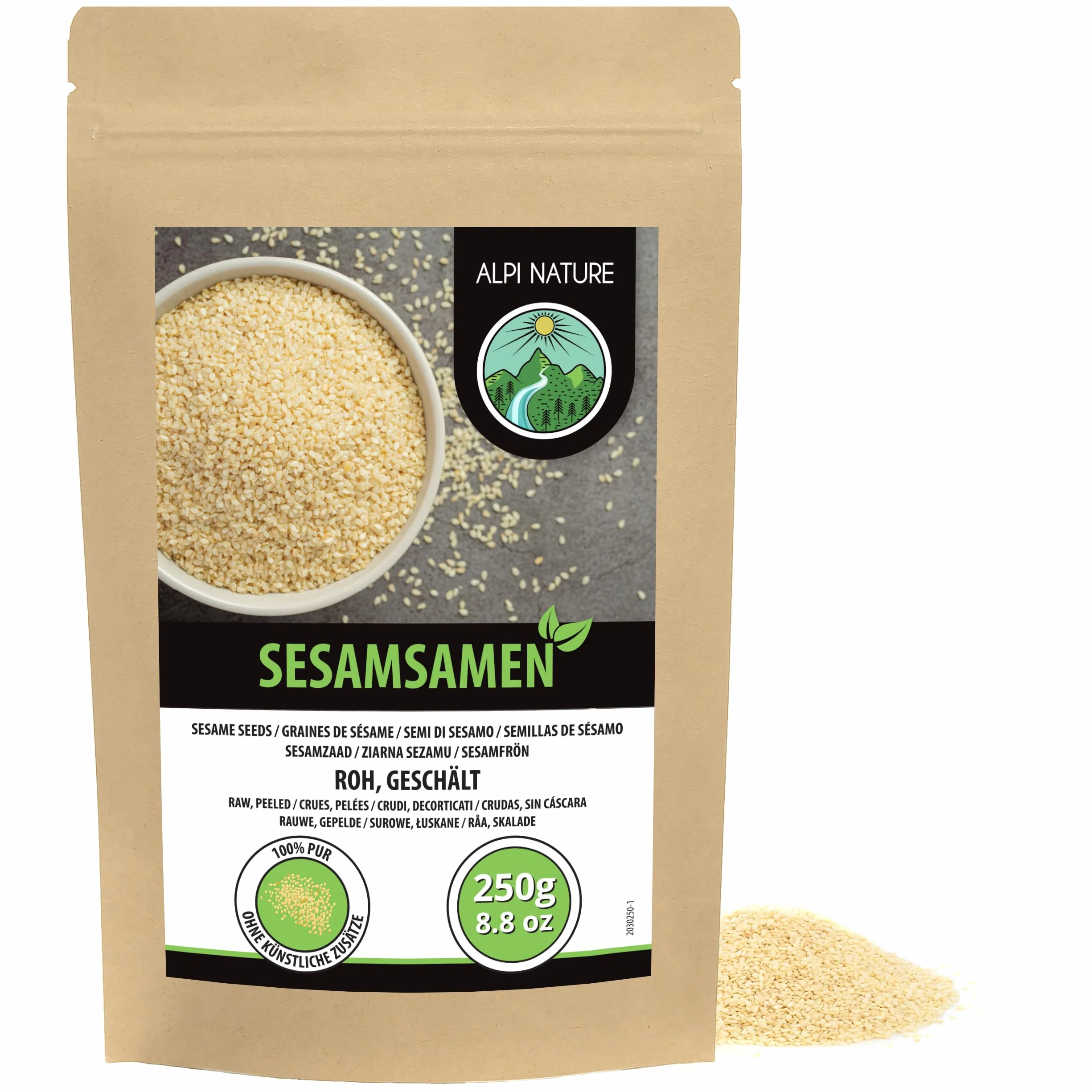 Alpi Nature Białe Nasiona Sezamu Łuskane 250g, Łuskane Białe Nasiona Sezamu, Bezglutenowe
