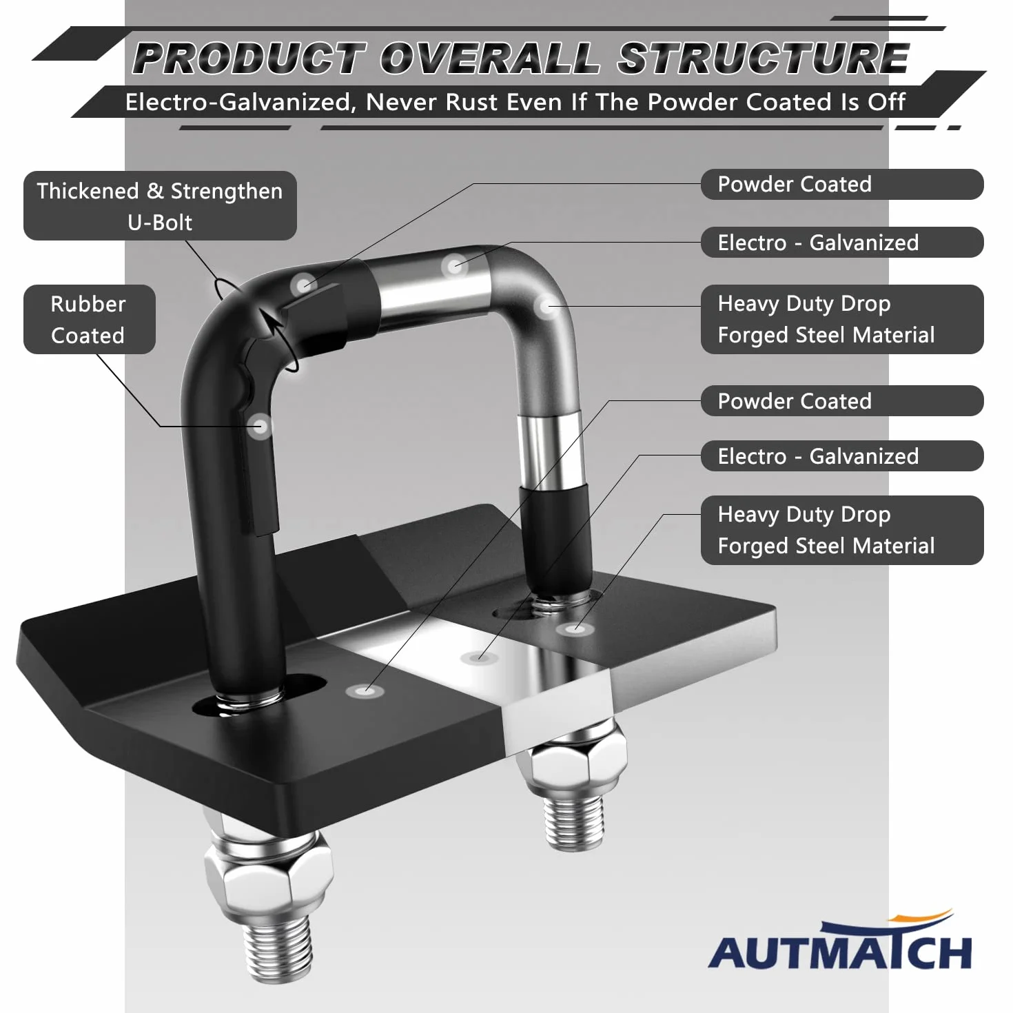 AUTMATCH Napinacz zaczepu antygrzechotkowy zacisk wytrzymały stalowy stabilizator do haków holowniczych 1,25 i 5 cm antykorozyjna podwójna powłoka ochronna matowa czarna
