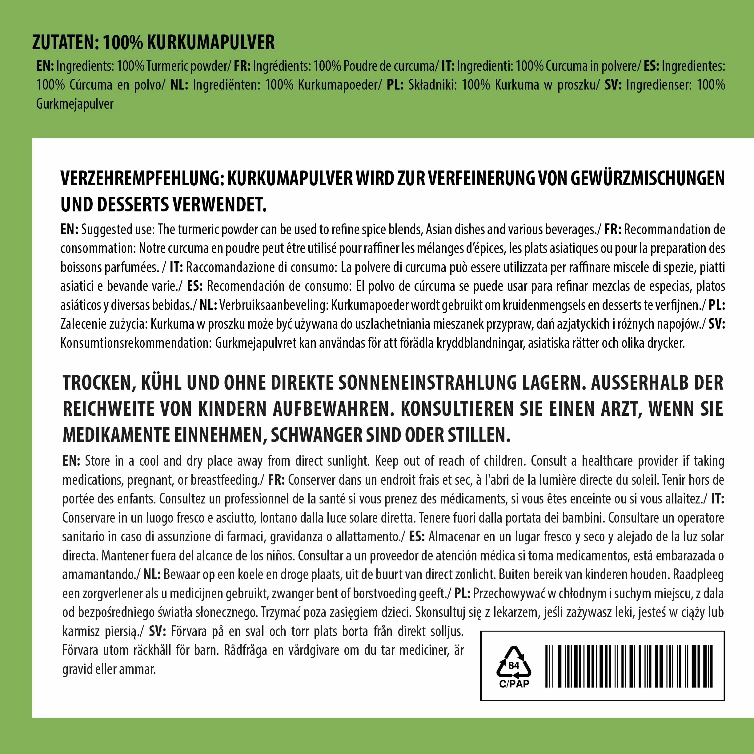 Kurkuma proszek 500 g, 100% naturalny, suszony i mielony, wegański