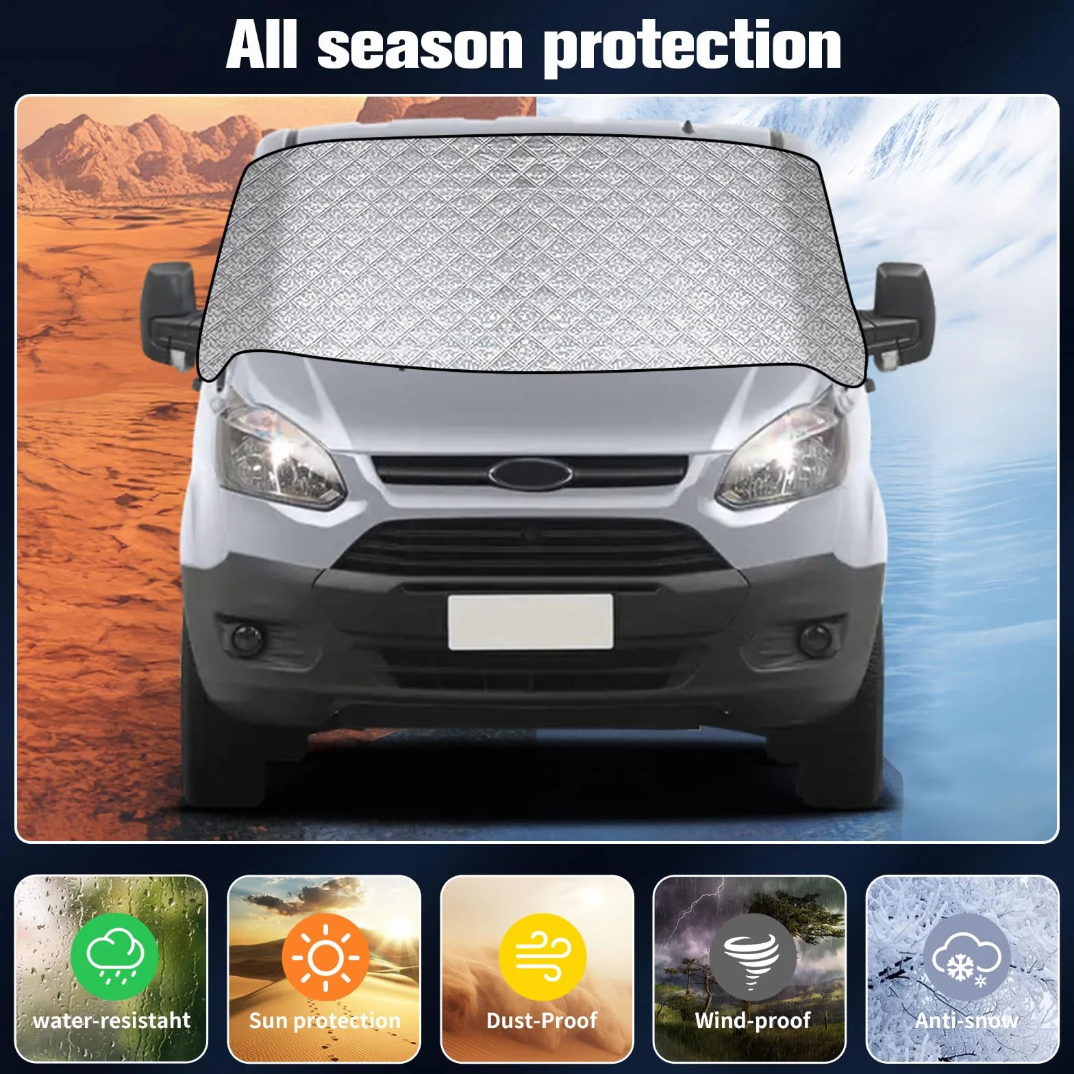 Osłona przedniej szyby do Ford Transit Custom12-22 – osłona przedniej szyby premium, 2-warstwowa bawełna z podkładką magnetyczną dla całorocznej ochrony, odbicia promieni UV, przed słońcem, śniegiem i