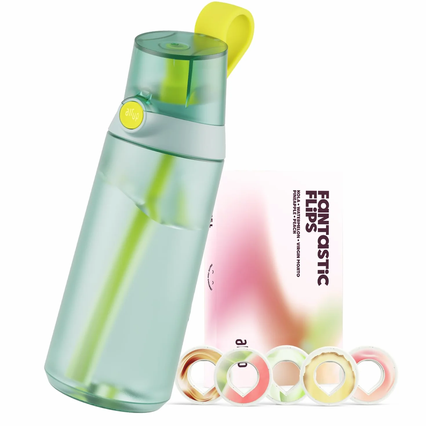 AIR UP® butelka na wodę Click Turtle Zielony zestaw startowy z wkładami w 5 smakach | 600ml butelka na napoje z bezcukrowym smakiem | odporna na zmywarkę, bez BPA