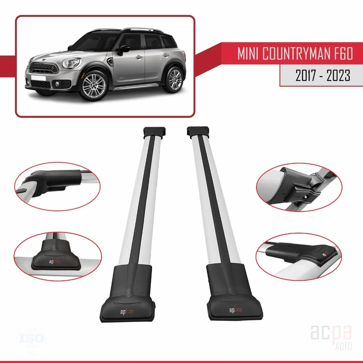 Kompatybilny z Mini Countryman (F60) 2017-2023, bagażnik dachowy, model Fly, 3 bary, bagażnik, szary