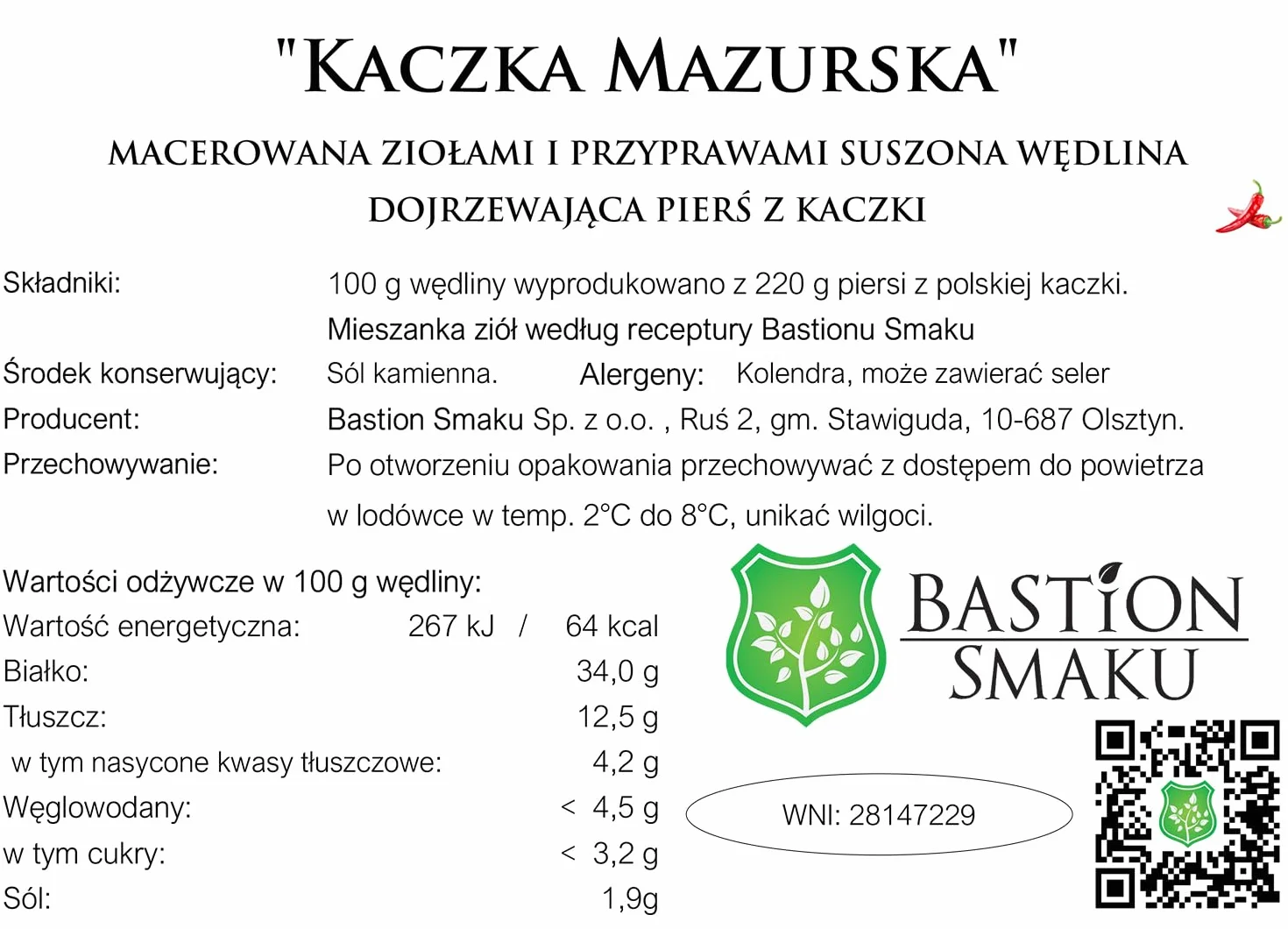 Dojrzała pierś z kaczki Mazurskiej – marynowana z ziołami i dojrzewająca na sucho – cała suszona pierś z kaczki – bez dodatków – 2 sztuki x 90 g (waga całkowita 180 g)