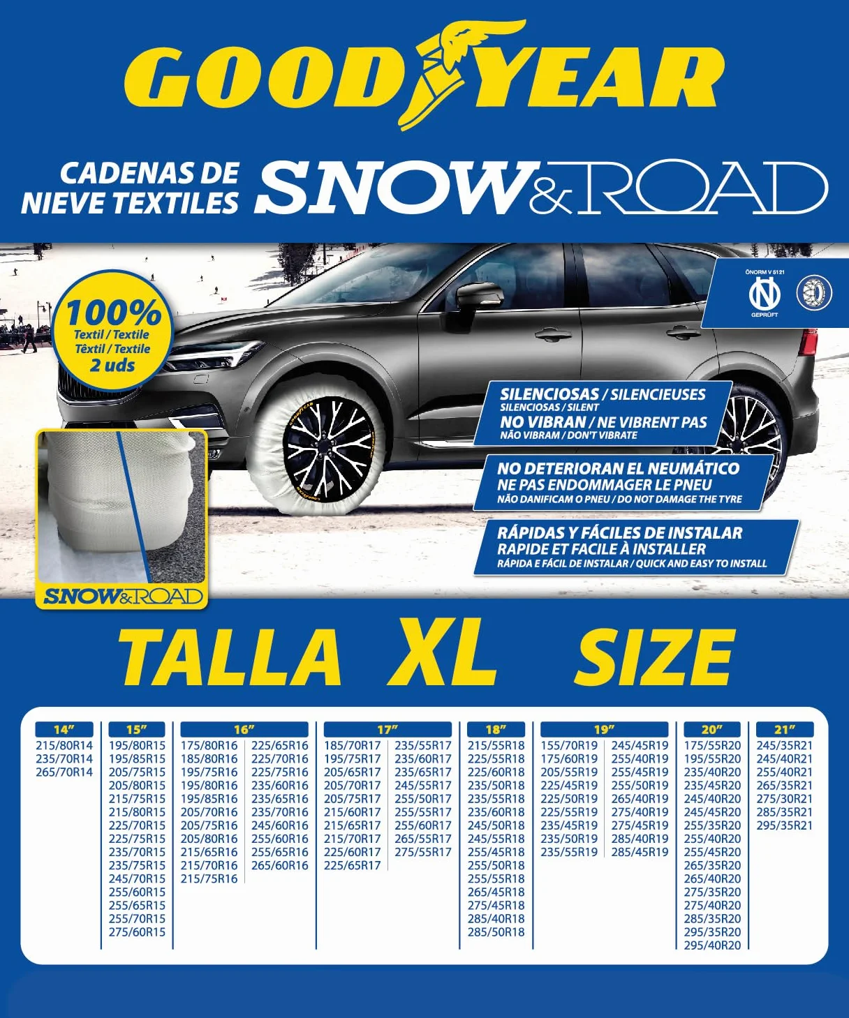 Goodyear Zestaw 2 Tekstylnych Łańcuchów Śniegowych do Samochodów Goodyear Snow & Road, Rozmiar XL