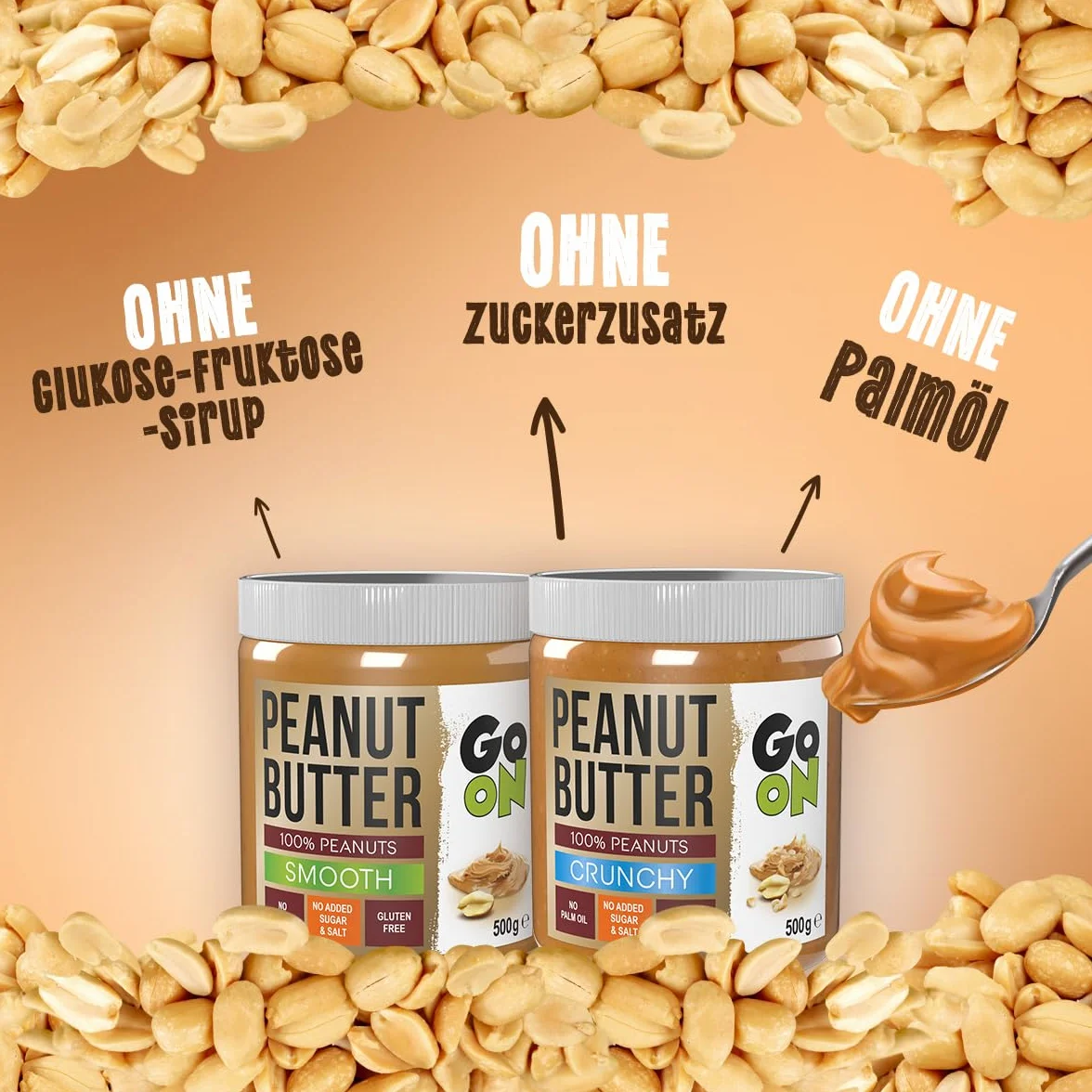 GO ON - Chrupiące masło orzechowe, bez cukru i oleju palmowego, Crunchy, 6 x 500g, Naturalne masło orzechowe, 100% Orzechów ziemnych, bez dodatku soli