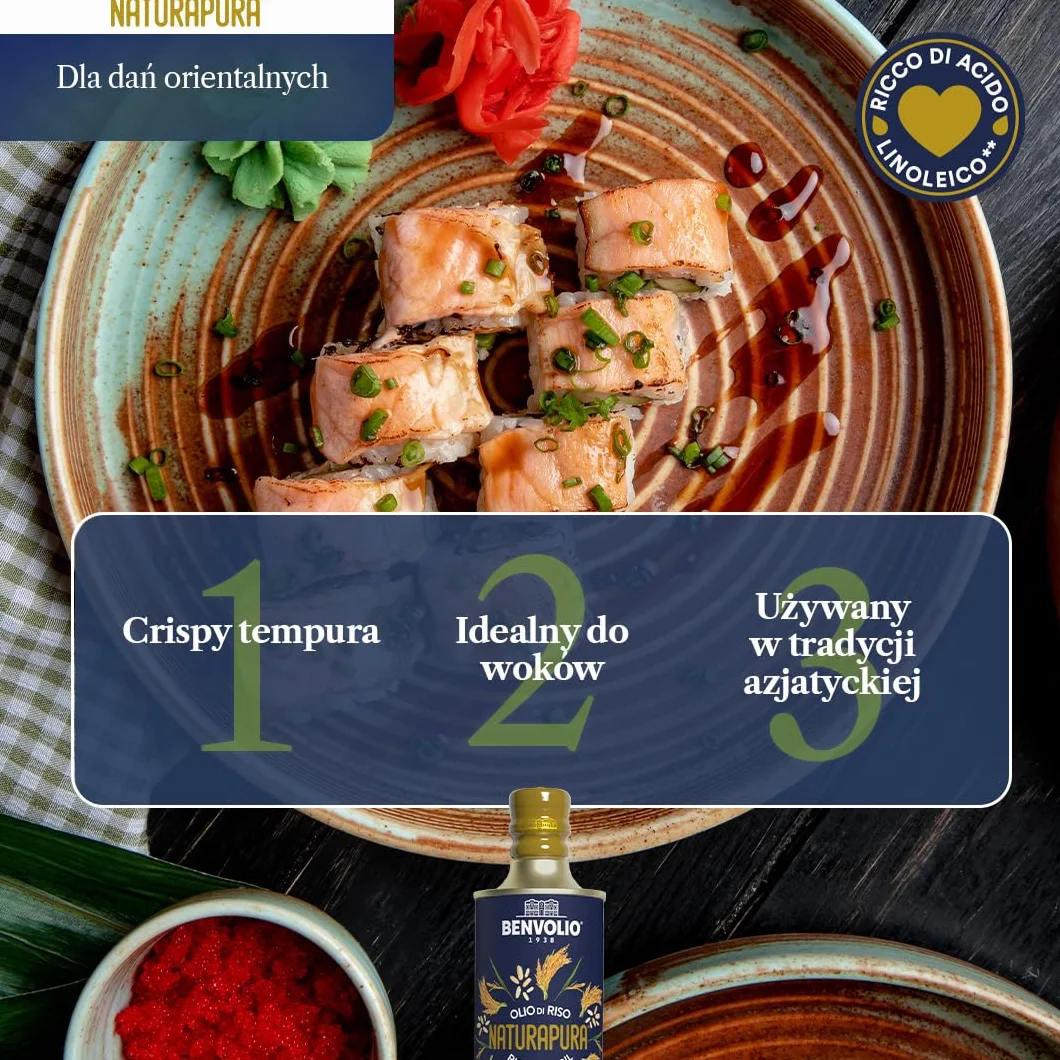 Benvolio 1938 Naturapura Naturalny Olej z Otrębów Ryżowych BEZ GMO 500 ml | Wysoki Punkt Dymienia, Chrupiące Smażenie, Lekkie Podsmażanie, Dania Orientalne | Regeneruje, Odżywia i Stymuluje Włosy