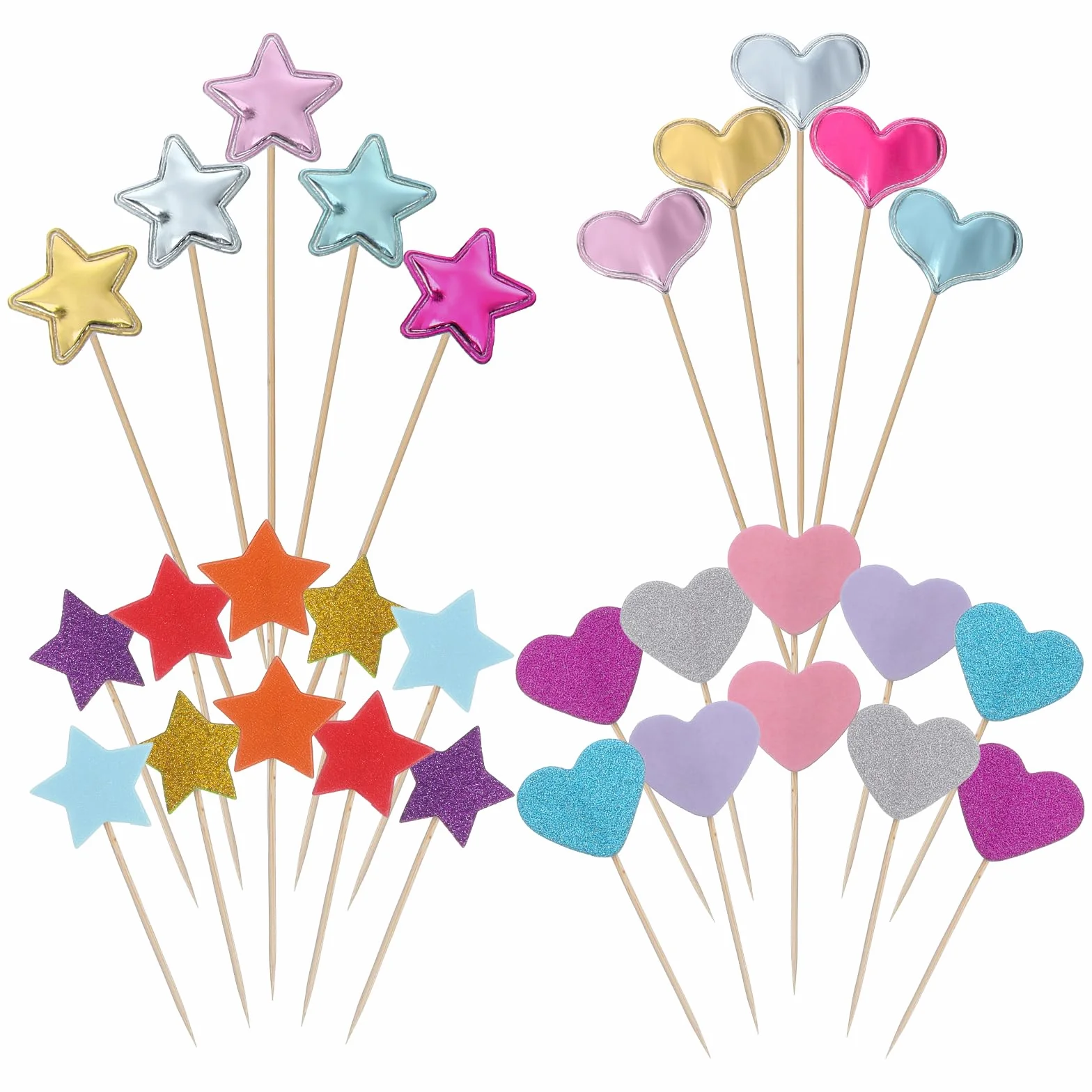 30 szt. brokatowych patyczków do babeczek w kształcie serca, kolorowe ozdoby na tort w kształcie serca i gwiazdy, urocze dekoracje imprezowe na urodziny, baby shower, artykuły imprezowe
