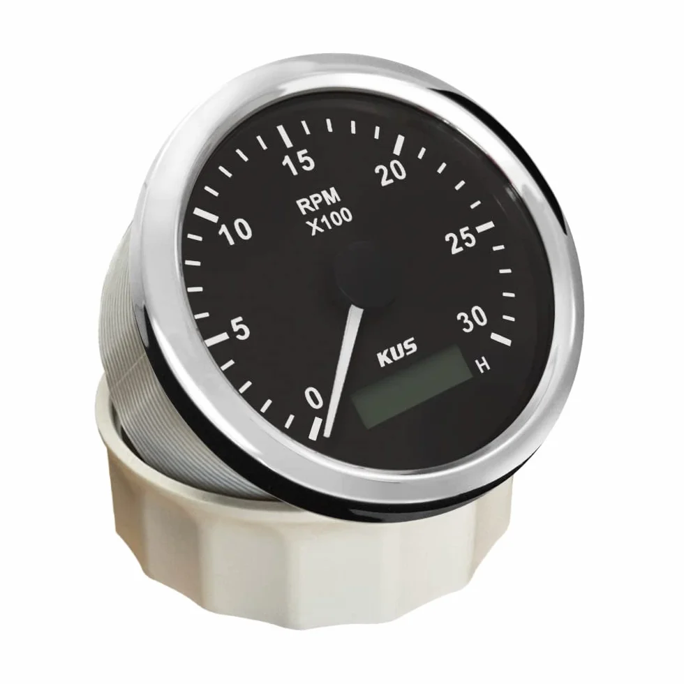 KUS Wasserdichte Drehzahlmesser Drehzahlmesser z Betriebsstundenzähler 3000RPM 85 mm 12 V/24 V Mit Hintergrundbeleuchtung (Czarny)