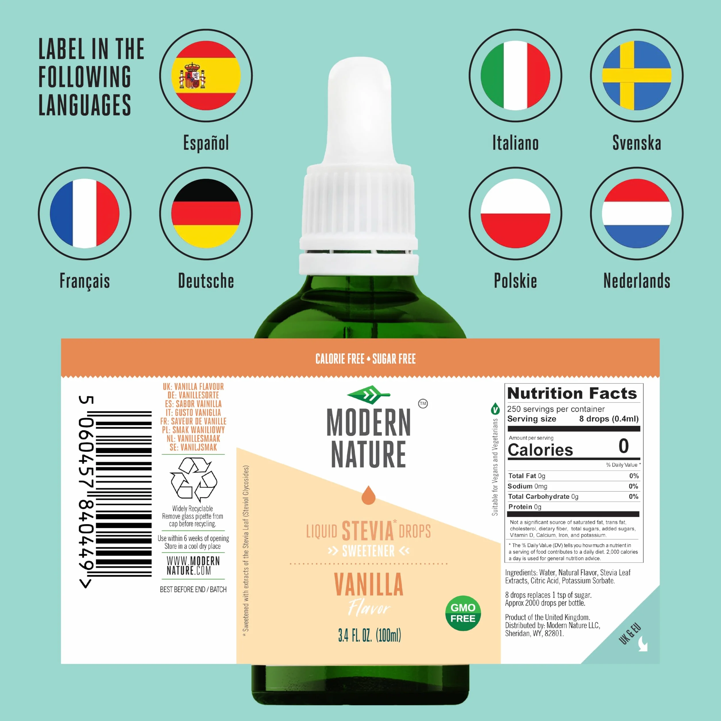 Czysta stewia w płynie słodzik Modern Nature (Smak waniliowy, 100ml)