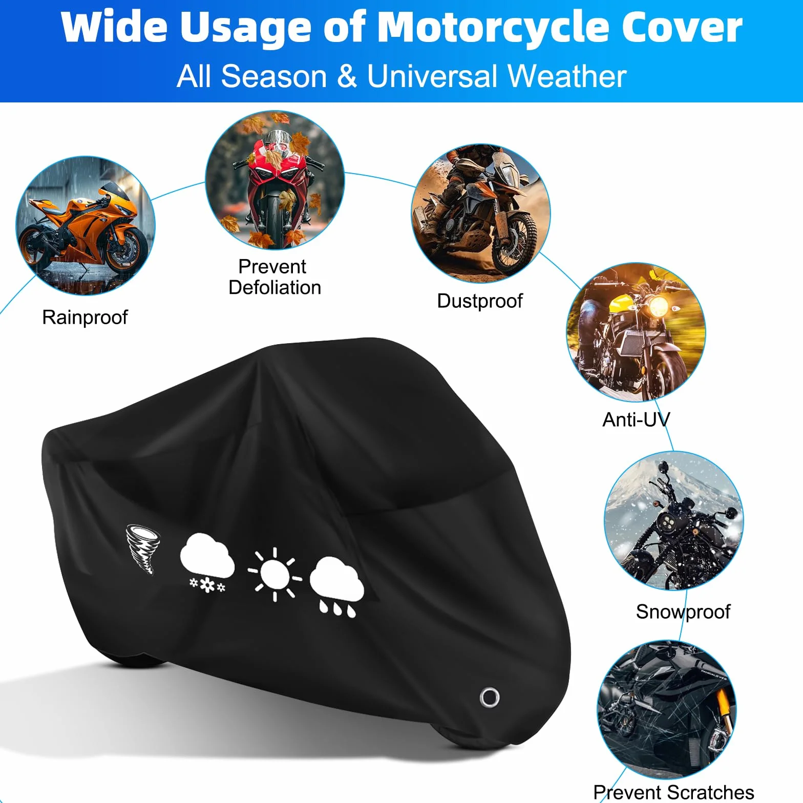 Plandeka ochronna na motocykl, z otworem na zamek, wodoszczelna, odporna na promieniowanie UV, do motorowerów, skuterów, enduro / dróg, akcesoria do motocykli, 245 x 105 x 125 cm