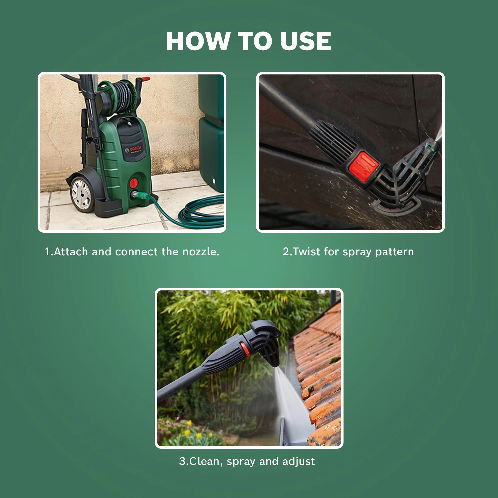 Bosch Home And Garden Zestaw do Czyszczenia Domu i Samochodu pod Ciśnieniem, ze Środkiem do Czyszczenia Tarasów, Szczotką do Mycia i Dyszą 90 Stopni, w Opakowaniu Kartonowym, F016800611