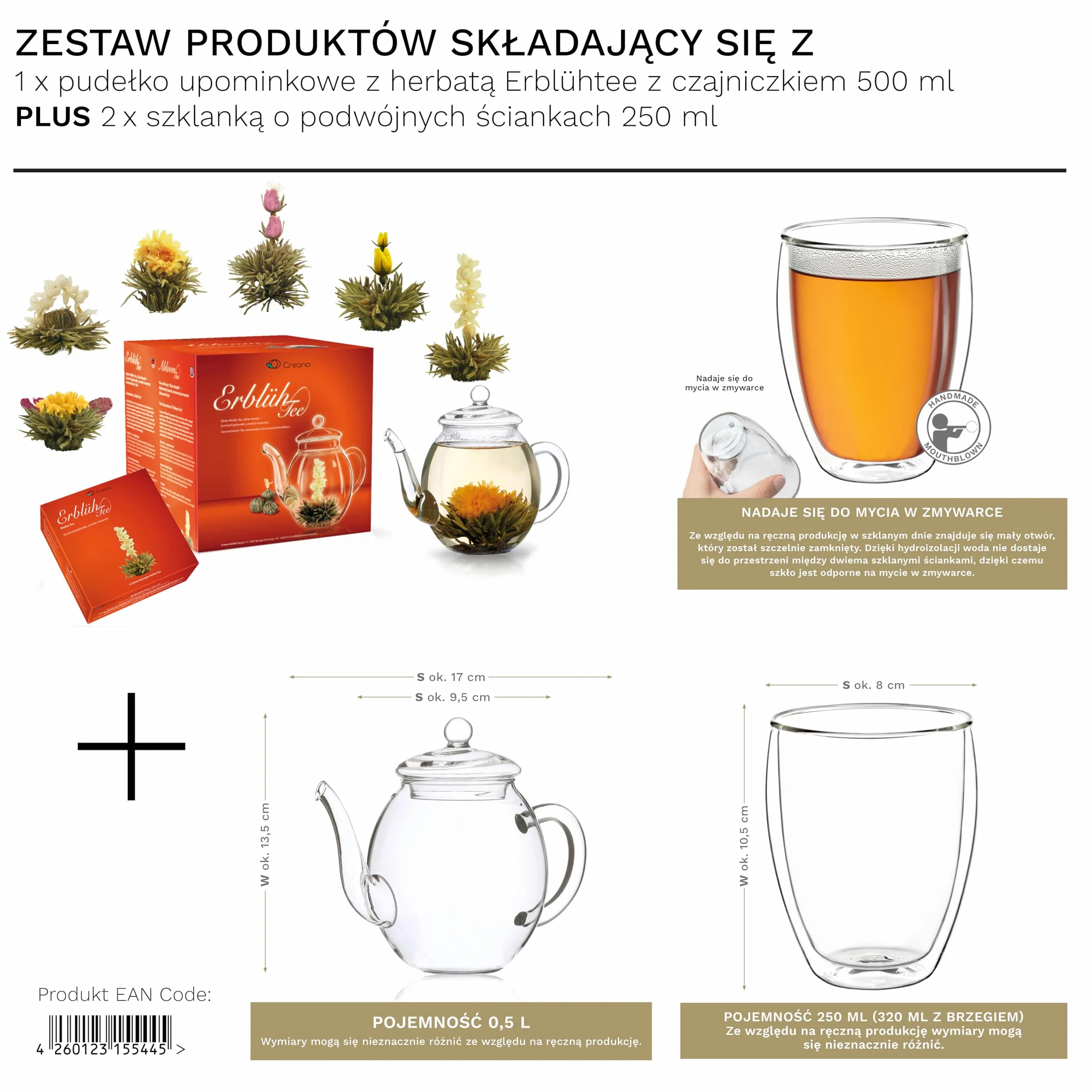 Creano Mieszanka kwiatów herbacianych zestaw upominkowy herbata kwitnąca ze szklanym dzbankiem i 2 szklankami termicznymi 250 ml biała herbata