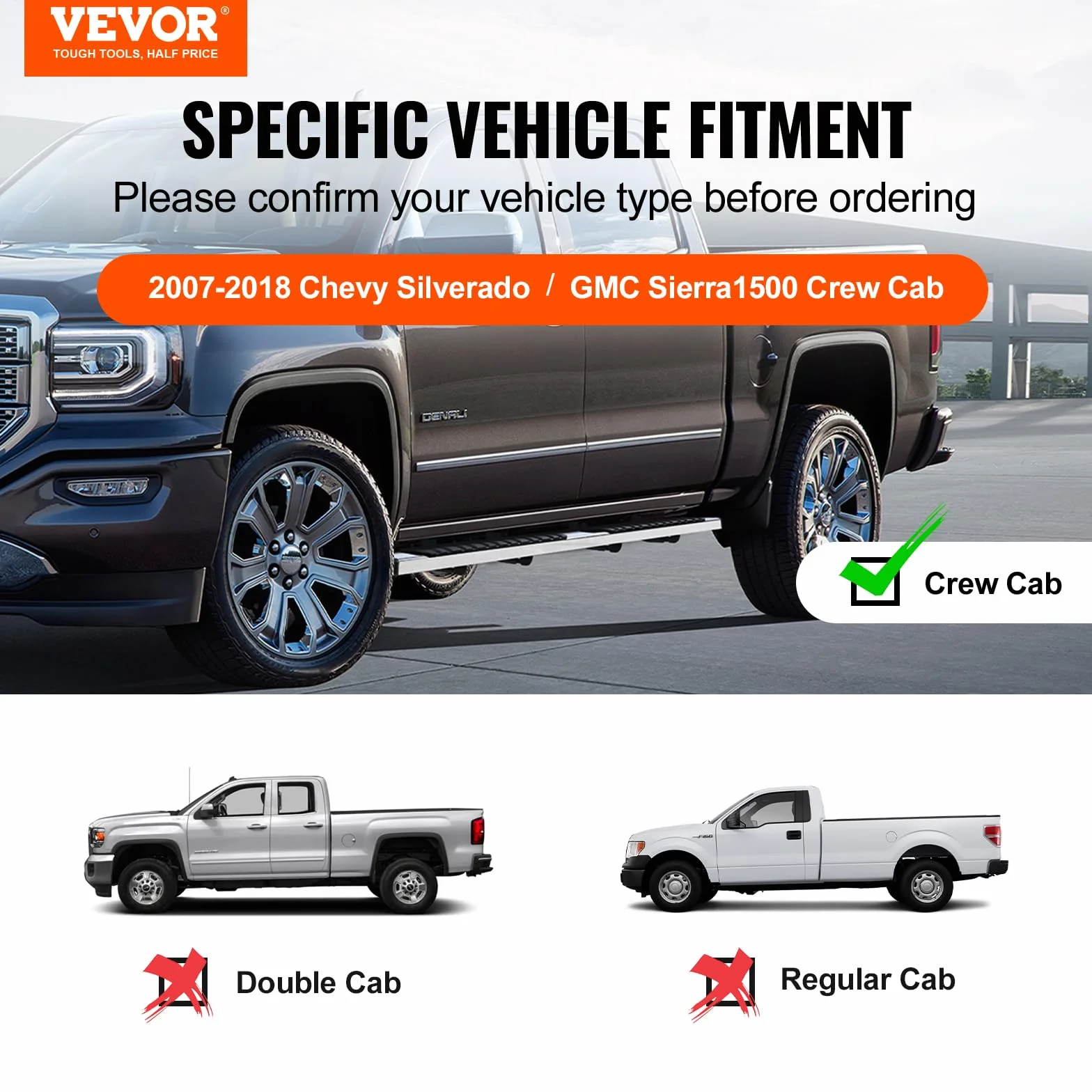 VEVOR Deski do biegania, 15 cm stopnie kompatybilne z Chevy Silverado/GMC Sierra 1500 Crew Cab/2019 2500HD 3500HD 1500 LD, stopnie boczne ze stali nierdzewnej 201, nośność 226 kg, 2 sztuki