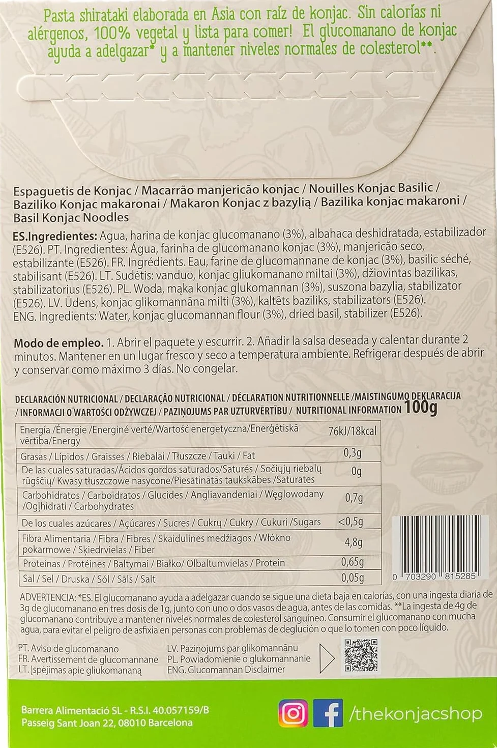 The Konjac Shop - Konjac Spaghetti z Bazylią 270g Bezglutenowy, Niskokaloryczny, Niskowęglowodanowy Makaron Diety Keto (Opakowanie 5 sztuk)