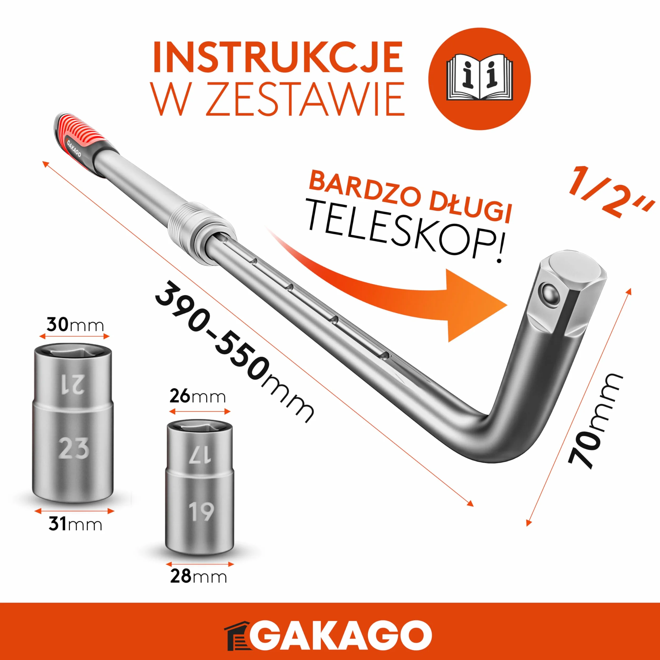 Gakago Teleskopowy zestaw kluczy do nakrętek kół z nasadkami 17/19 mm i 21/23 mm 1/2 cala - Bardzo długi, wysuwany klucz do kół - Praktyczna torba do przechowywania z rzepem i pętelką do zawieszania