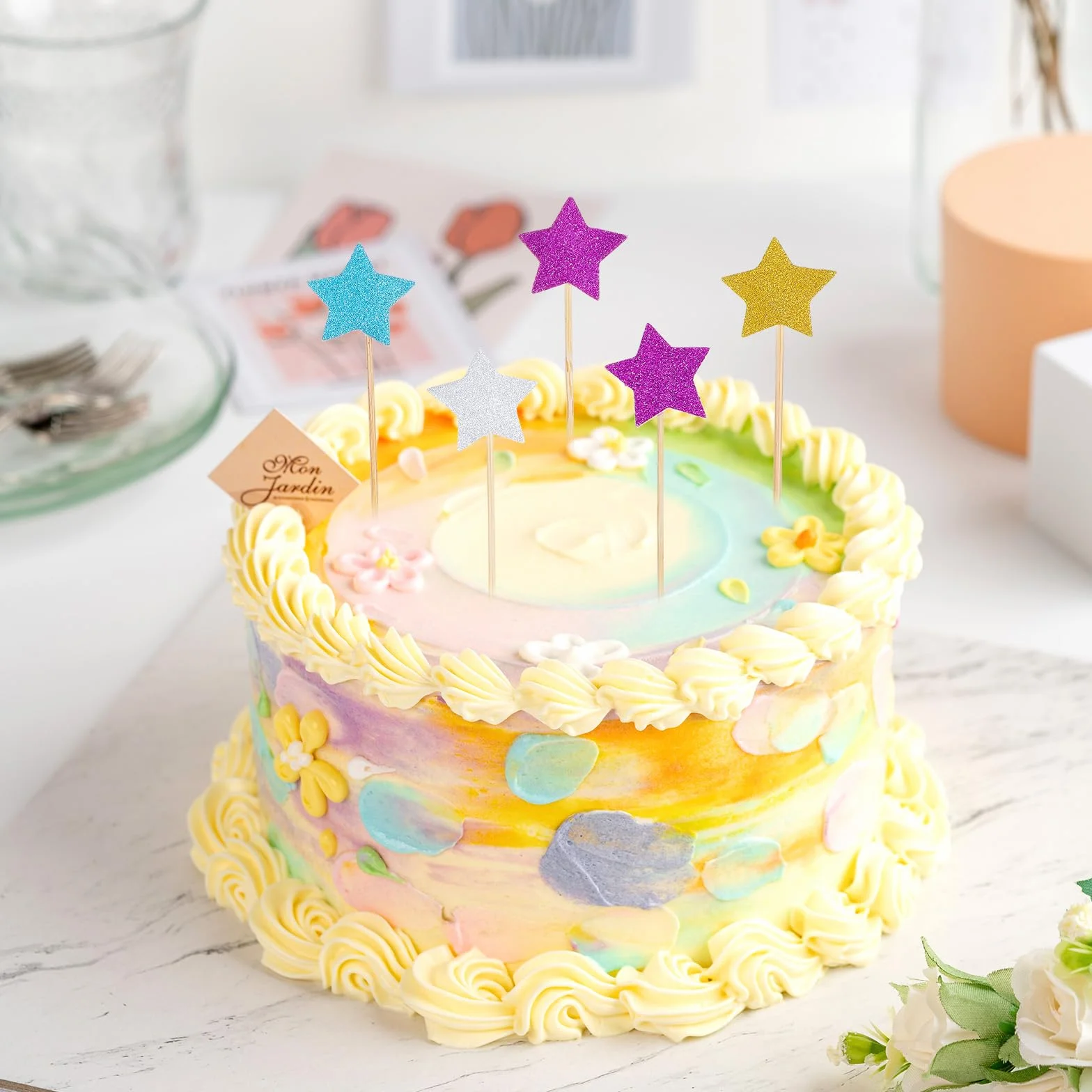 Ozdoby na babeczki gwiazdki brokatowe dekoracje na tort toppery urodziny ślub baby shower