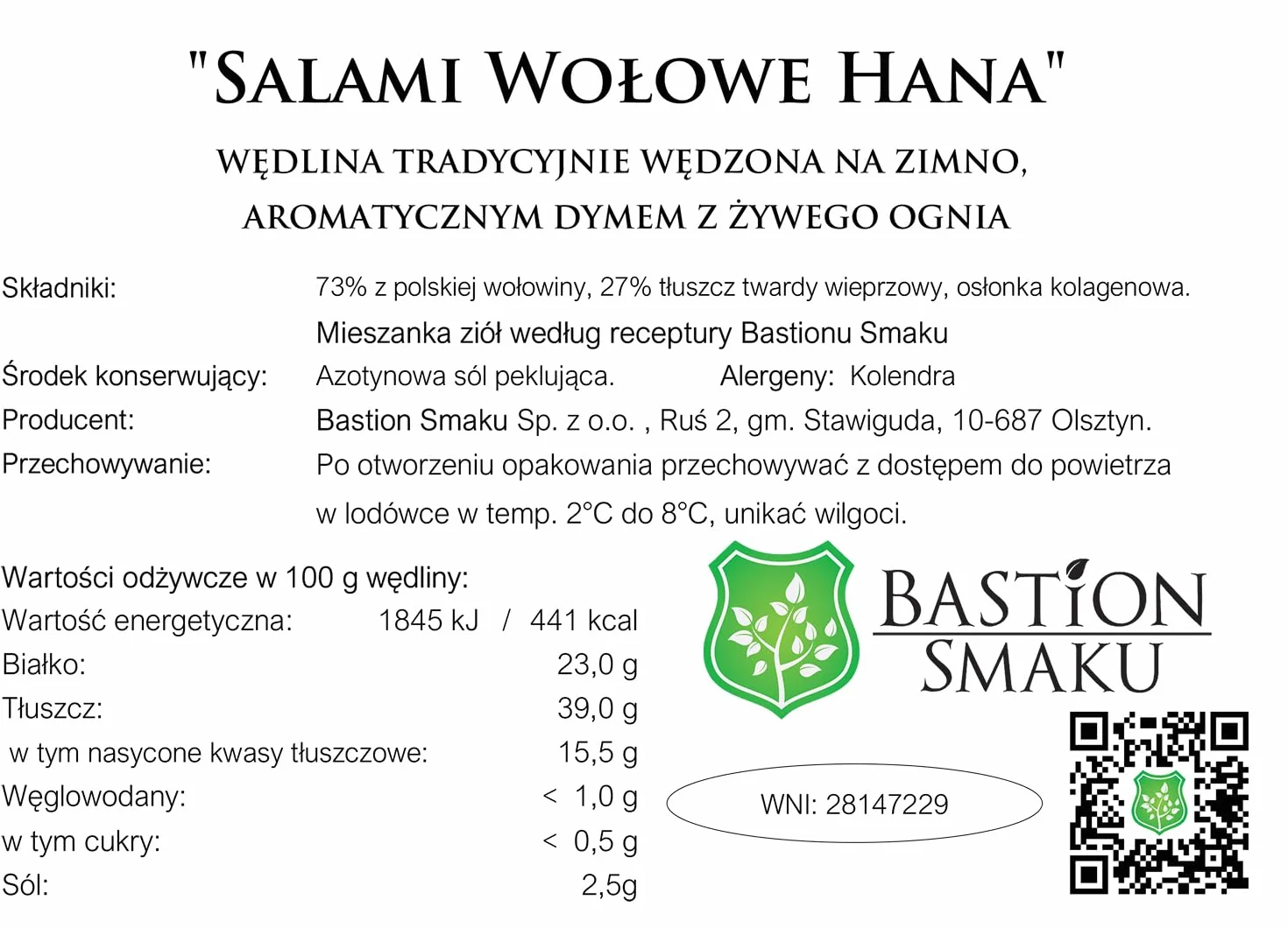 Salami wołowe Hana marynowane z ziołami wędzone na zimno tradycyjna kiełbasa 600g
