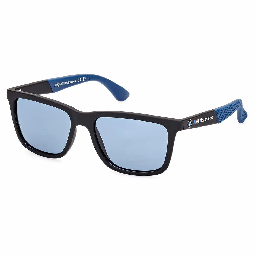 BWM M Motorsport BS0031 męskie okulary przeciwsłoneczne, lekkie okulary przeciwsłoneczne, prostokątne soczewki, niebieskie szkło polaryzacyjne, matowe czarne, czarny, 54
