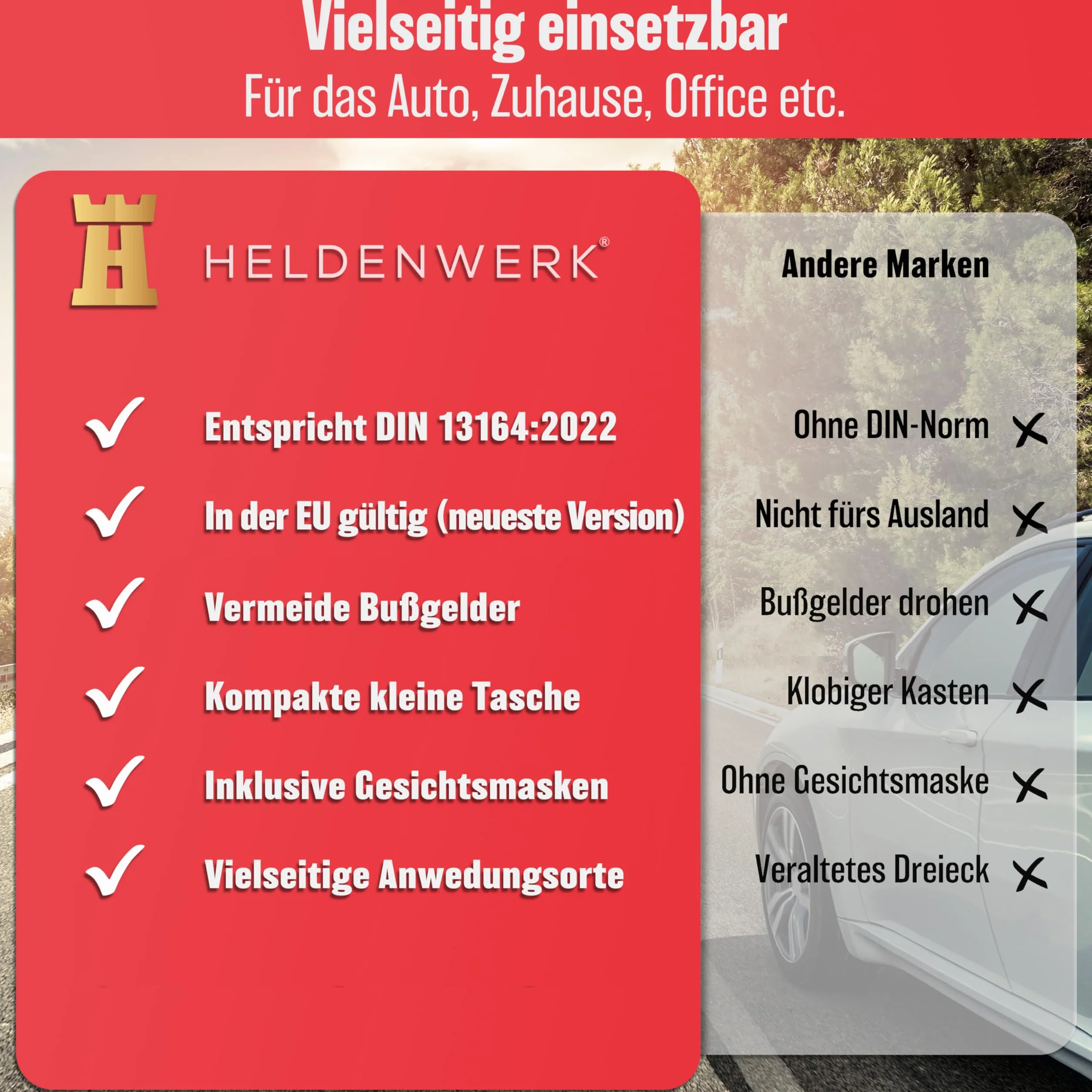HELDENWERK Apteczka pierwszej pomocy zgodna z aktualną normą 2026 – do użytku w całej Europie – apteczka pierwszej pomocy DIN 13164:2022 (zgodna z niemieckim kodeksem drogowym)