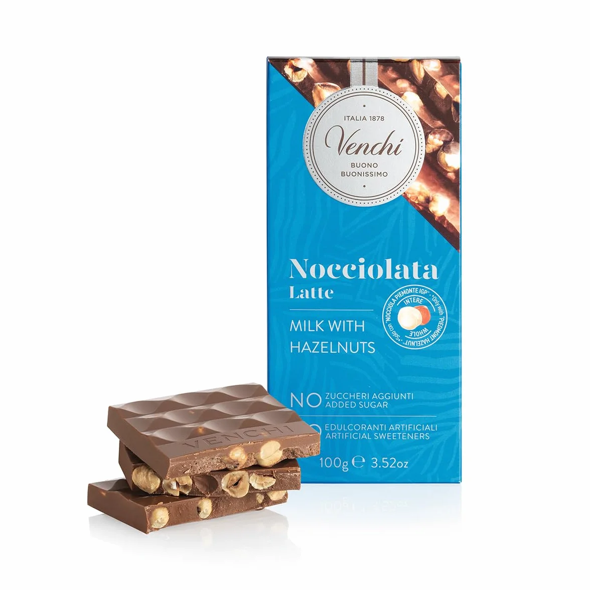 Venchi - Tabliczka Mlecznej Czekolady Nocciolata NO Added Sugar, NO Artificial Sweeteners, 100 g, z całymi „Orzechami Laskowymi z Piemontu ChOG”, Bezglutenowa, Bez Barwników i Konserwantów