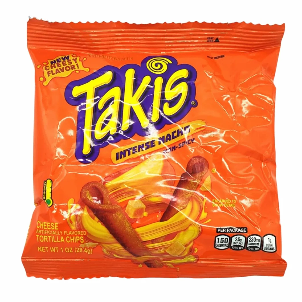 Takis Intense Nacho Chips BOX 5x28,4 - Chrupiące bułki kukurydziane o smaku sera, pikantne przekąski
