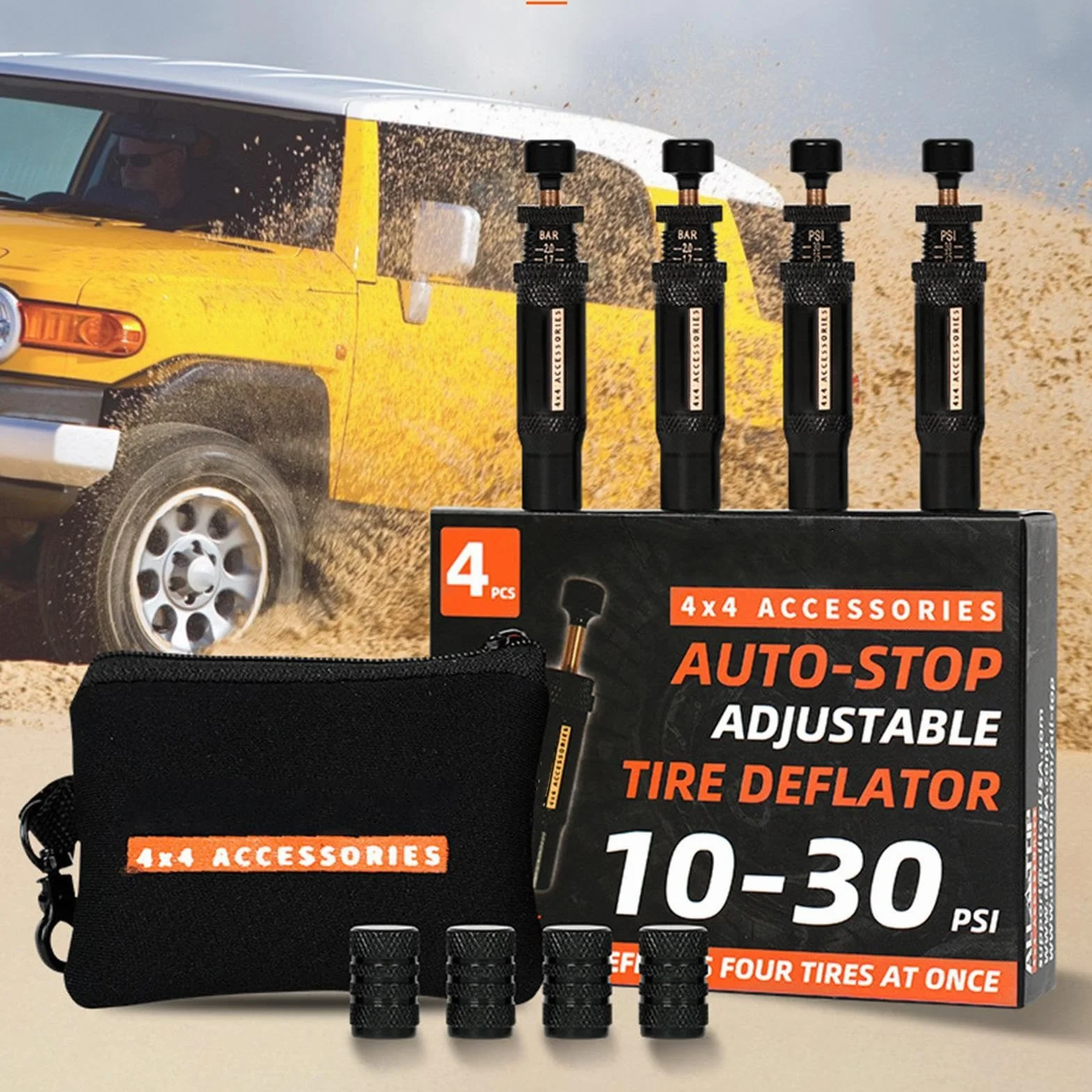 Rapid deflator do opon, akcesoria offroadowe, regulowany deflator powietrza do opon, 4-cz? ?ciowy zestaw Auto Stop-4 Spin- (10-30 PSI) , Rapid do samochodów ci? ?arowych, pickup, offroad