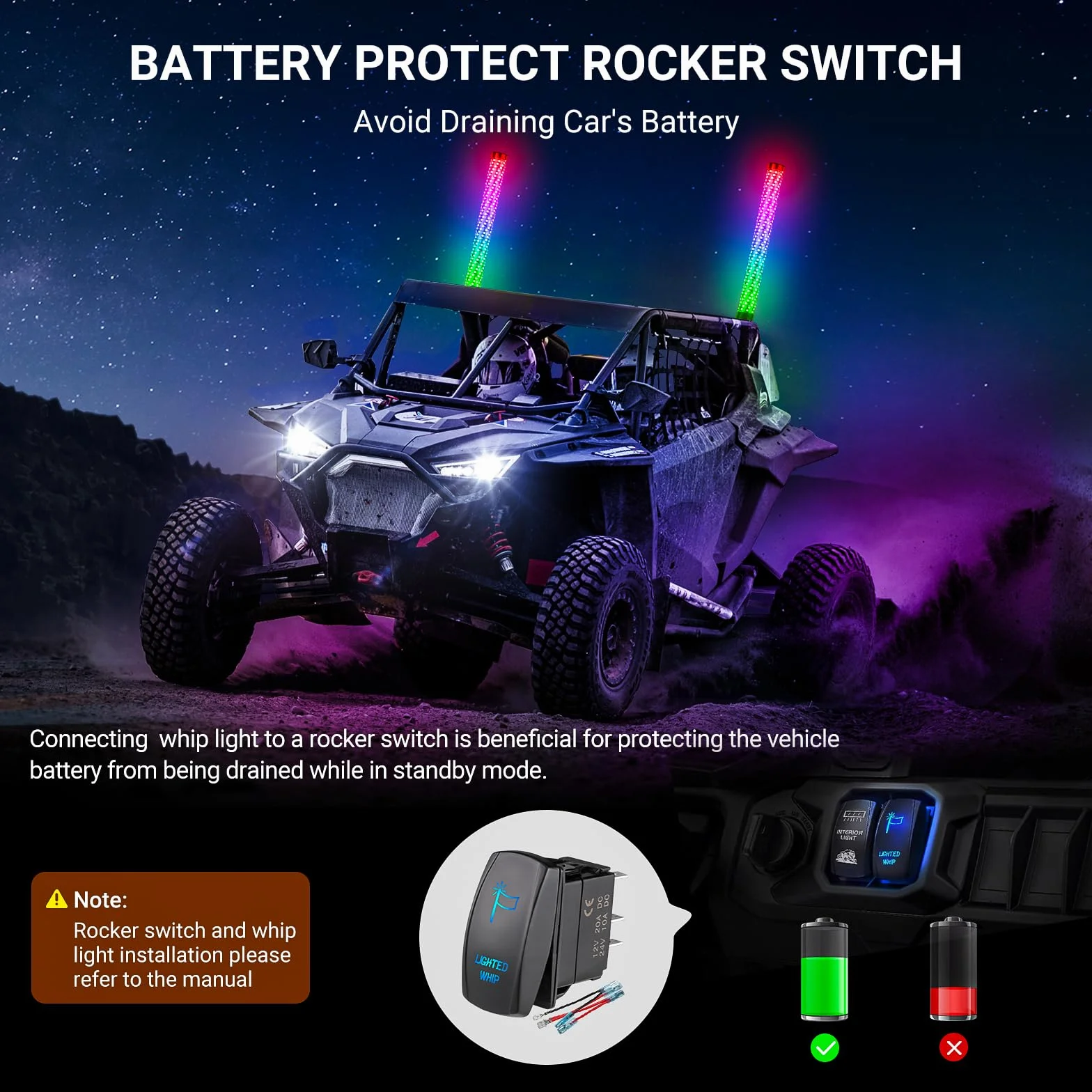 Ehaho Światła do UTV ATV z podstawą sprężynową, tłuste światło LED z przełącznikiem kołyskowym i 6 flagami, jaśniejszy spiralny bicz antenowy z aplikacją i pilotem zdalnego sterowania do RZR SXS