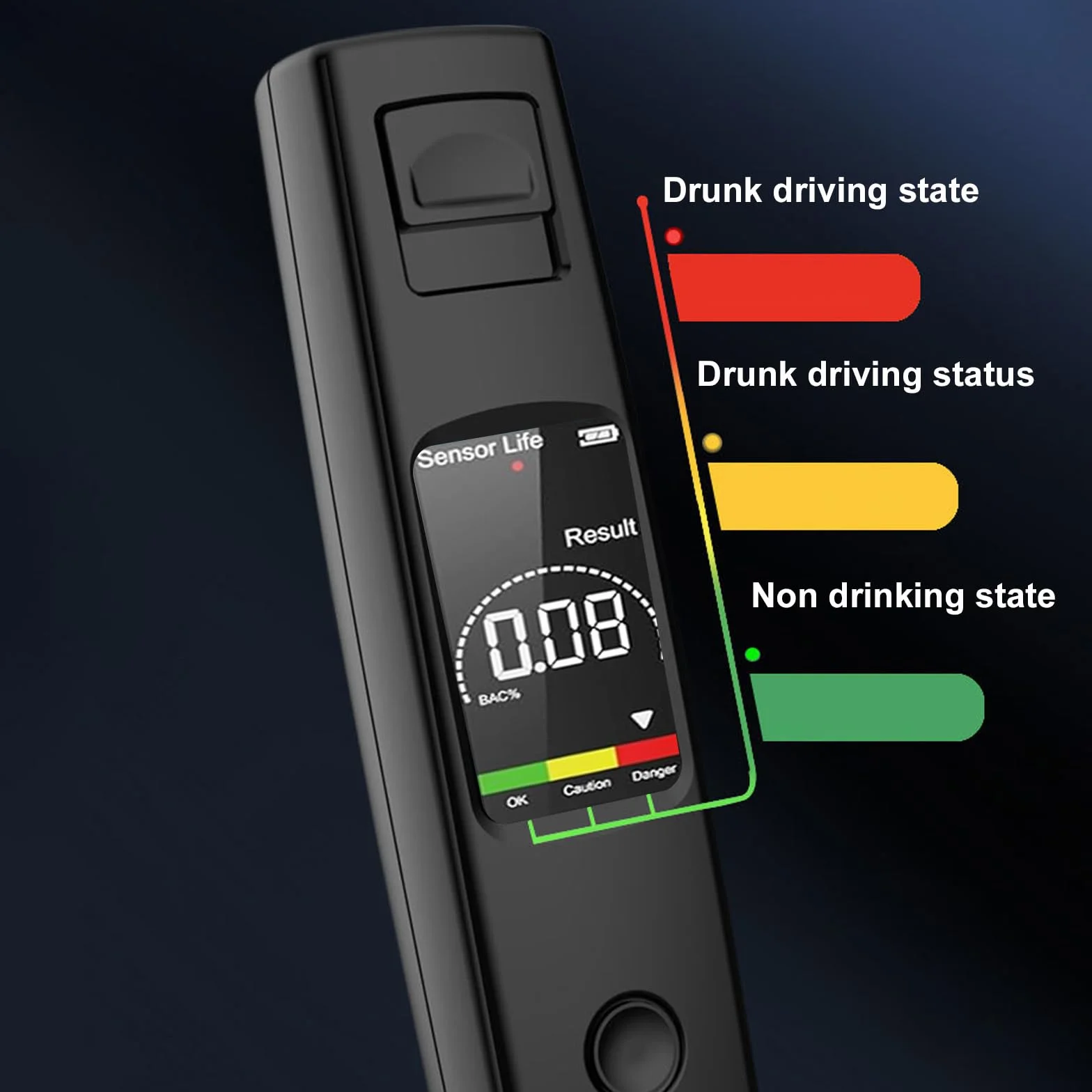 Alkomat bezdotykowy z wyświetlaczem LCD, 3-kolorowy alarm, przenośny miernik alkoholu do samochodu