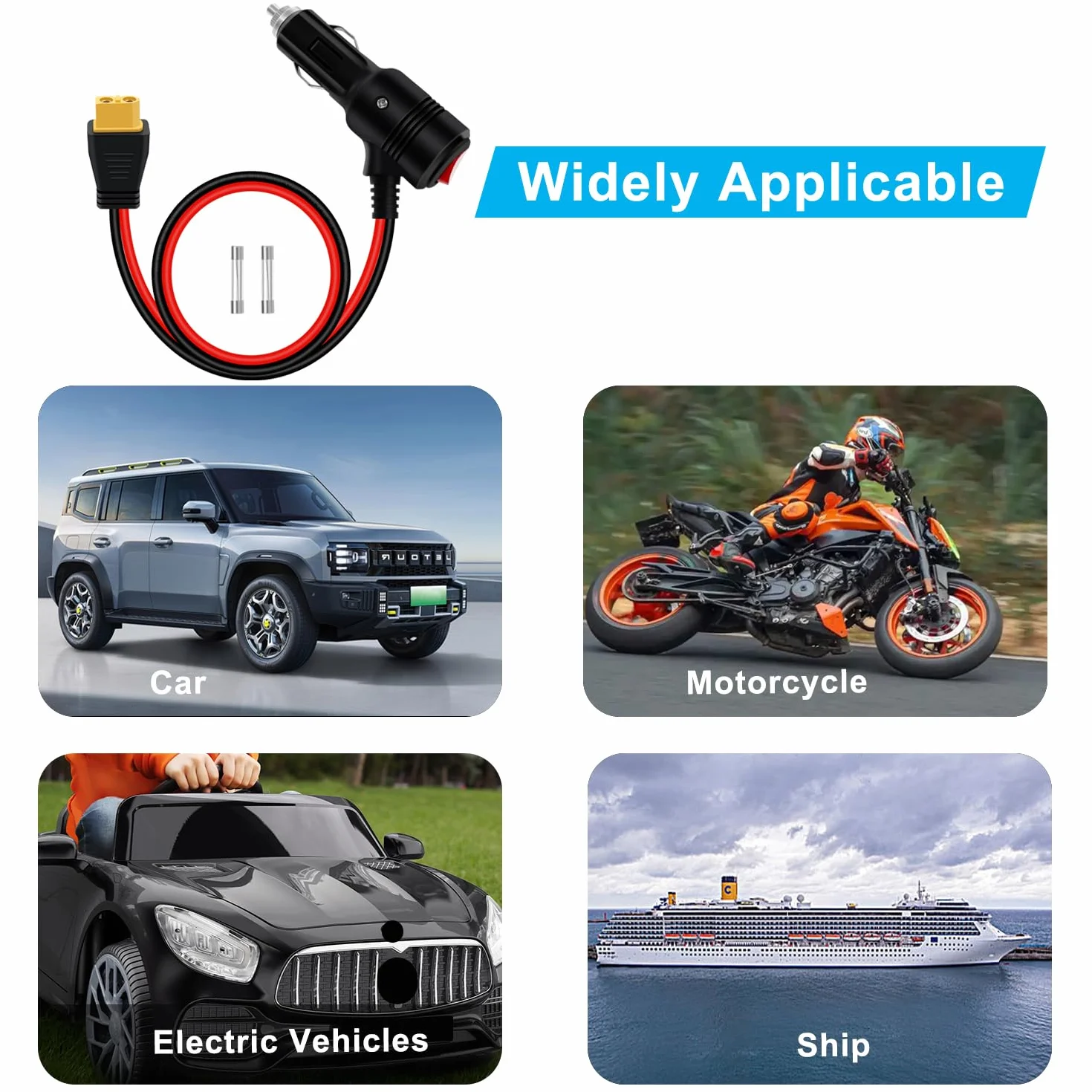 XT60 do gniazda zapalniczki z przełącznikiem 12 V 24 V 14 AWG 20 A z diodami LED 2 zapasowe bezpieczniki do samochodu, instalacji solarnej, motocykla (2 m)