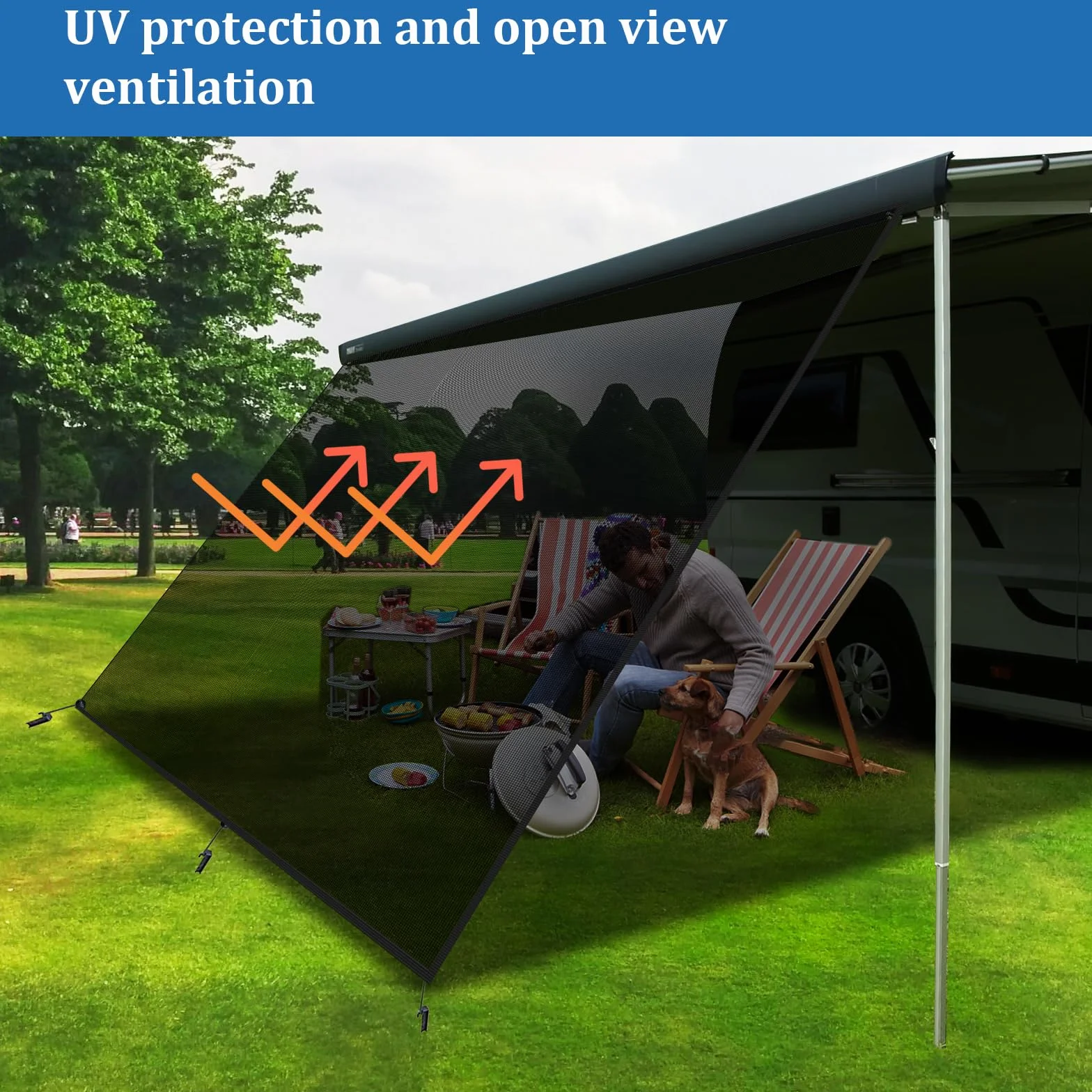 Osłona Przeciwsłoneczna Do Markizy Przyczepy Kempingowej 2,44m x 3,8m, Przewiewny Panel Przedni, Uniwersalna Osłona Widokowa Z Kompletnym Zestawem, 86% Ochrona UV, Odporna Na Wiatr I Deszcz