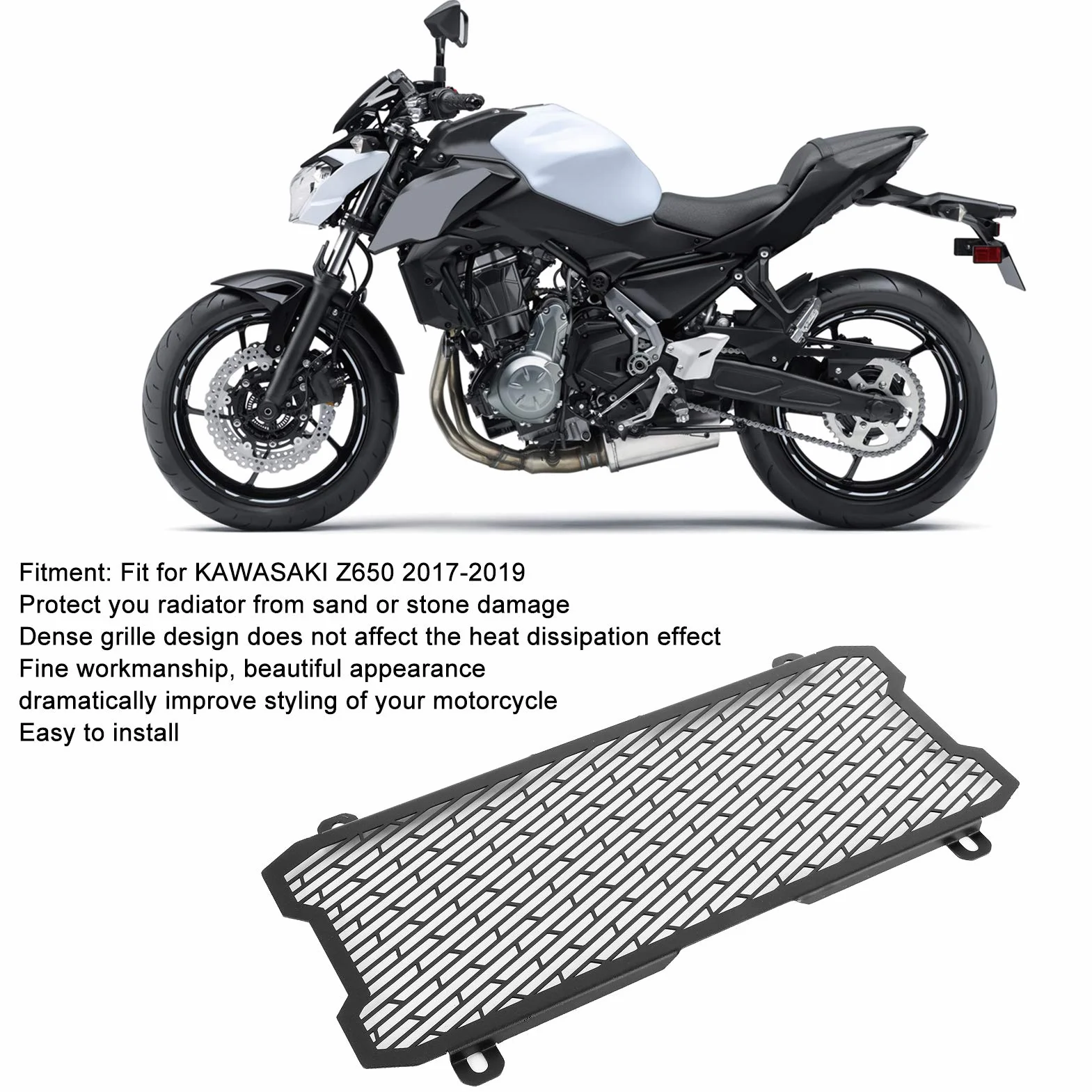 Akcesoria Motocyklowe Premium Aluminiowa Osłona Chłodnicy Motocykla, Spersonalizowana Przednia Osłona Grilla dla Z650 2017-2019 z kompleksową ochroną (BLACK)