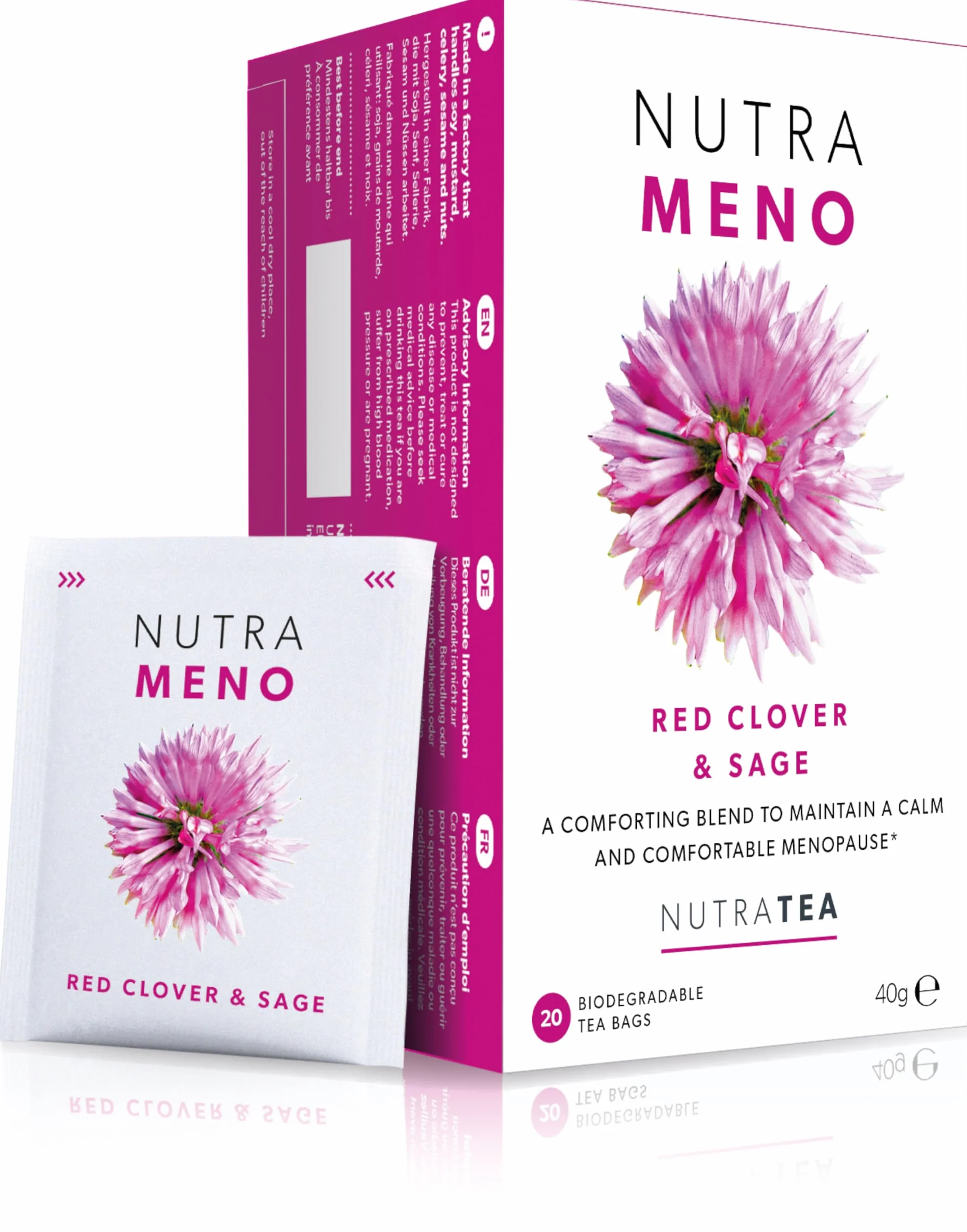 Nutra Tea NUTRAMENO Herbata menopauzowa, herbata z czerwonej koniczyny, ulga w okresie okołomenopauzalnym dla kobiet. Zawiera czerwoną koniczynę, szałwię i korzeń shatavari, 20 pojedynczo zapakowanych