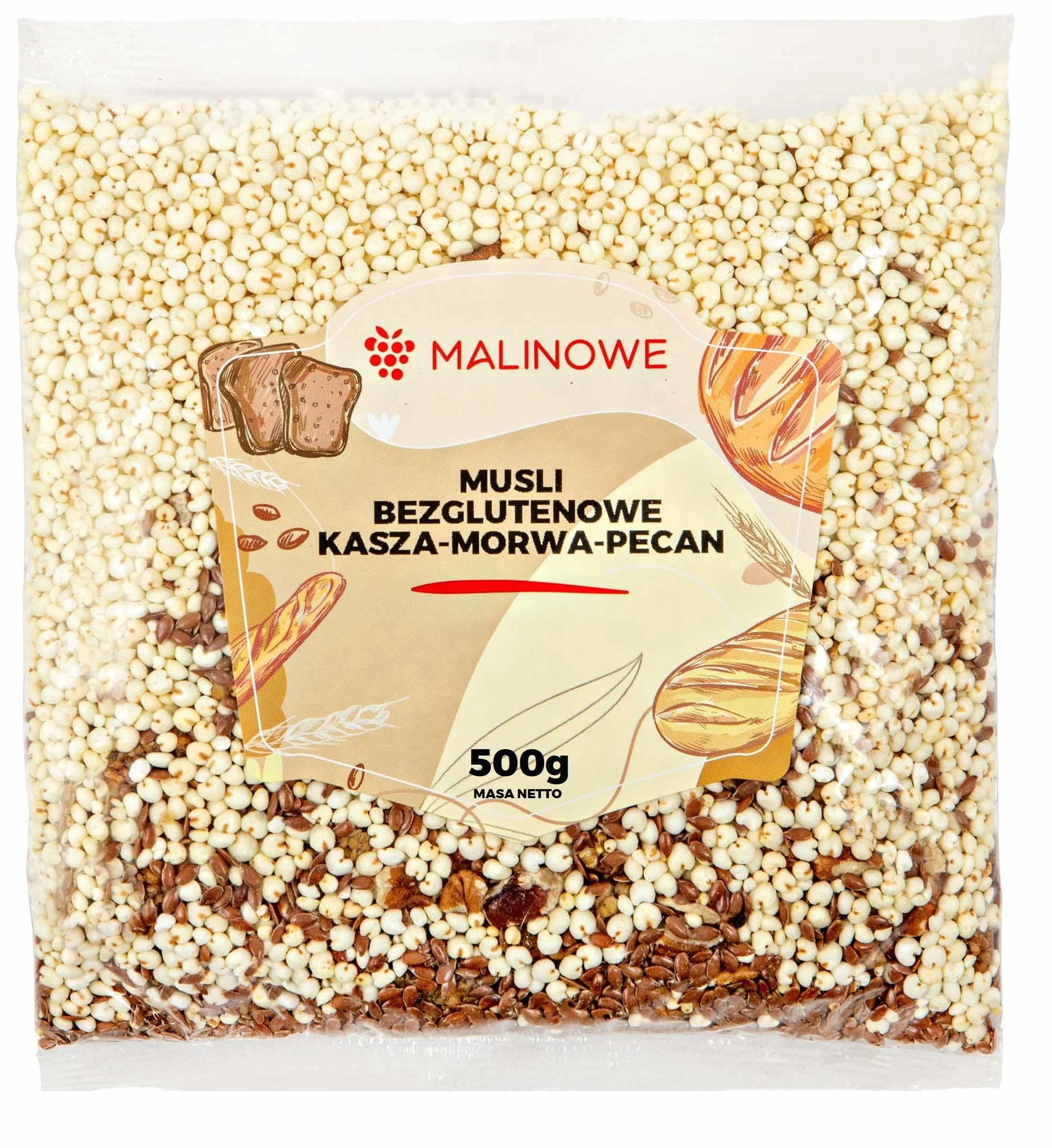 Malinowe MUSLI BEZGLUTENOWE KASZA PECAN MORWA BIAŁA 500g naturalne
