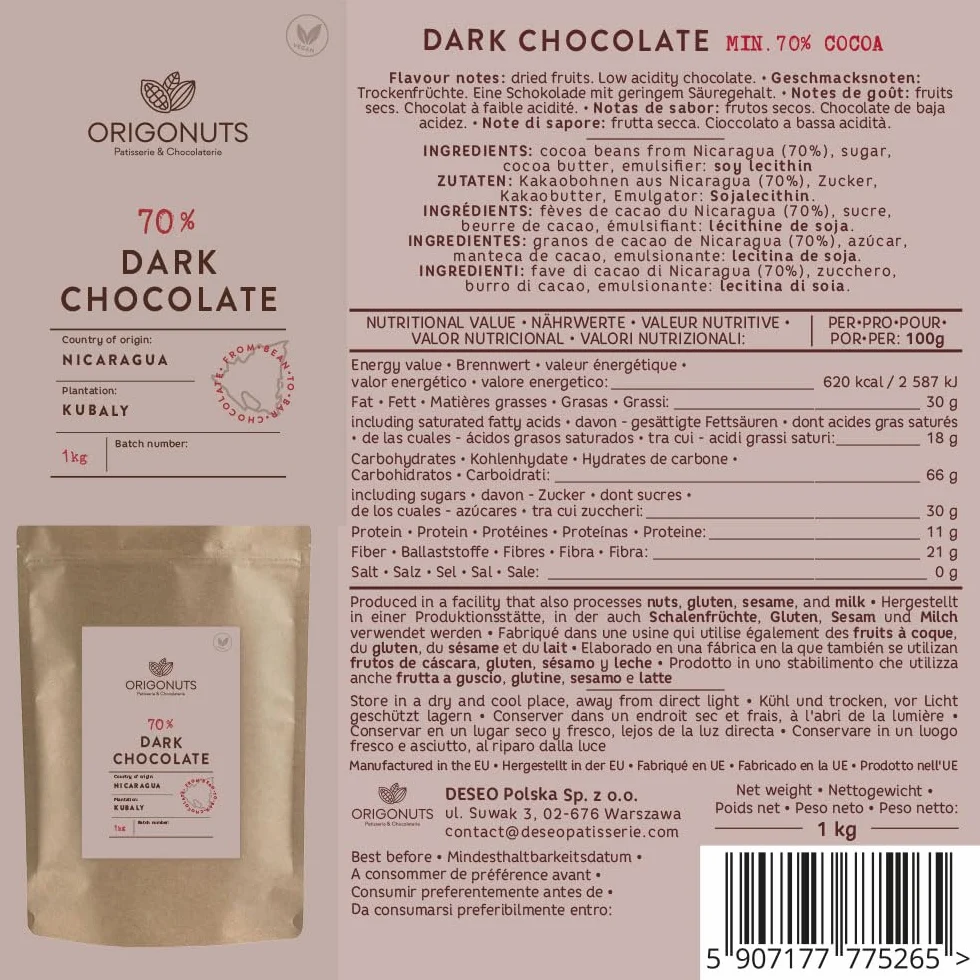 ORIGONUTS - Dropsy Czekoladowe - Czekolada do Topienia - 70% ciemna czekolada z Nikaragui - do fontanny czekoladowej, fondue czekoladowego, ciast, ciasteczek, tortów, muffinek - 1kg