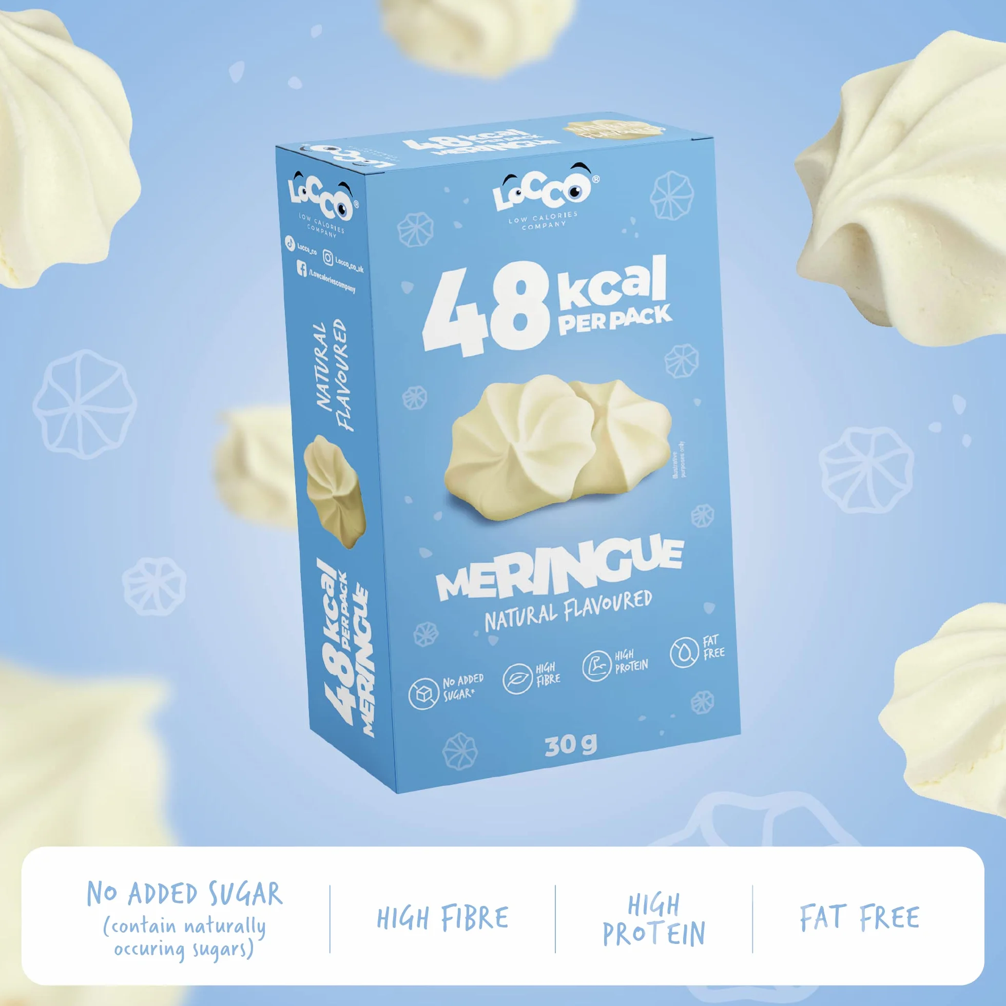LoCCo Niskokaloryczne Bezy 48 kcal – Chrupiąca Przekąska Bez Cukru – Tylko 1 kcal w porcji – Keto, Low Carb, Wysoka Zawartość Błonnika – Z Prebiotykiem (Smak Naturalny, 28g)