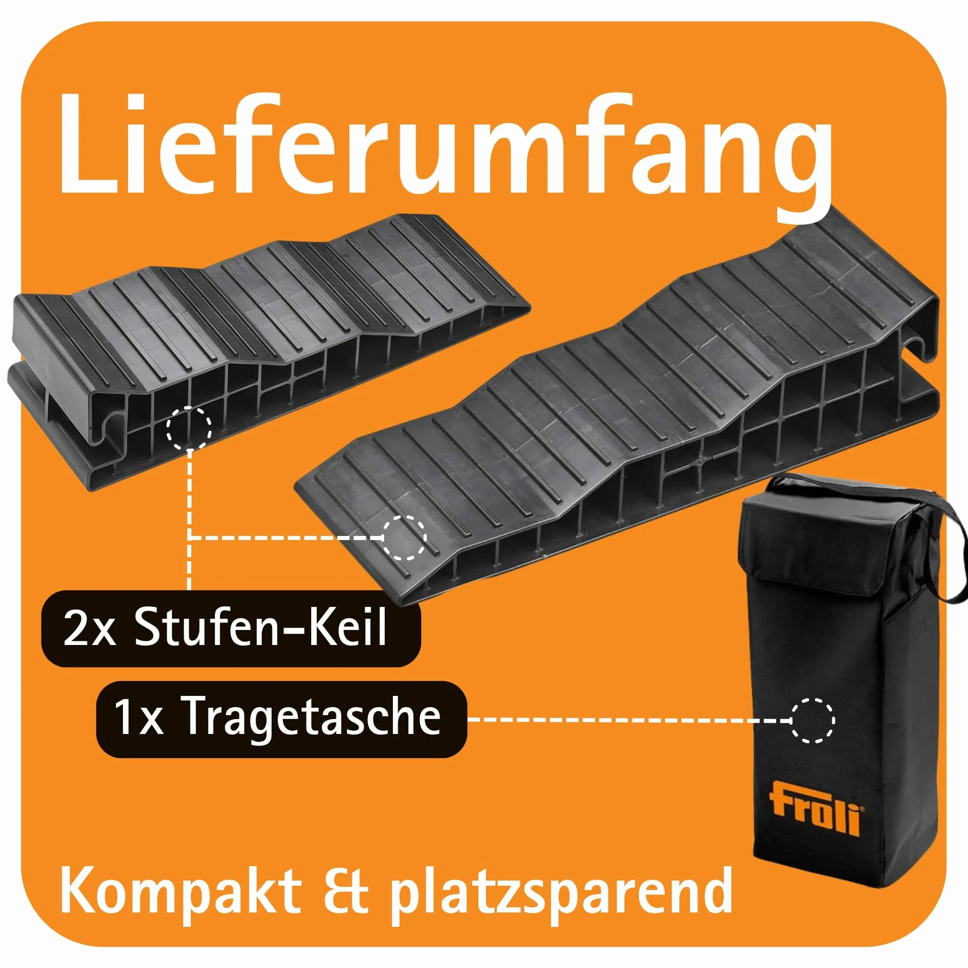 Froli Kliny najazdowe - zestaw 2 klinów najazdowych do przyczepy kempingowej, przyczepy kempingowej i kampera, zestaw klinów wyrównujących, 2 x klin, 1 x torba na klin, do 8000 kg