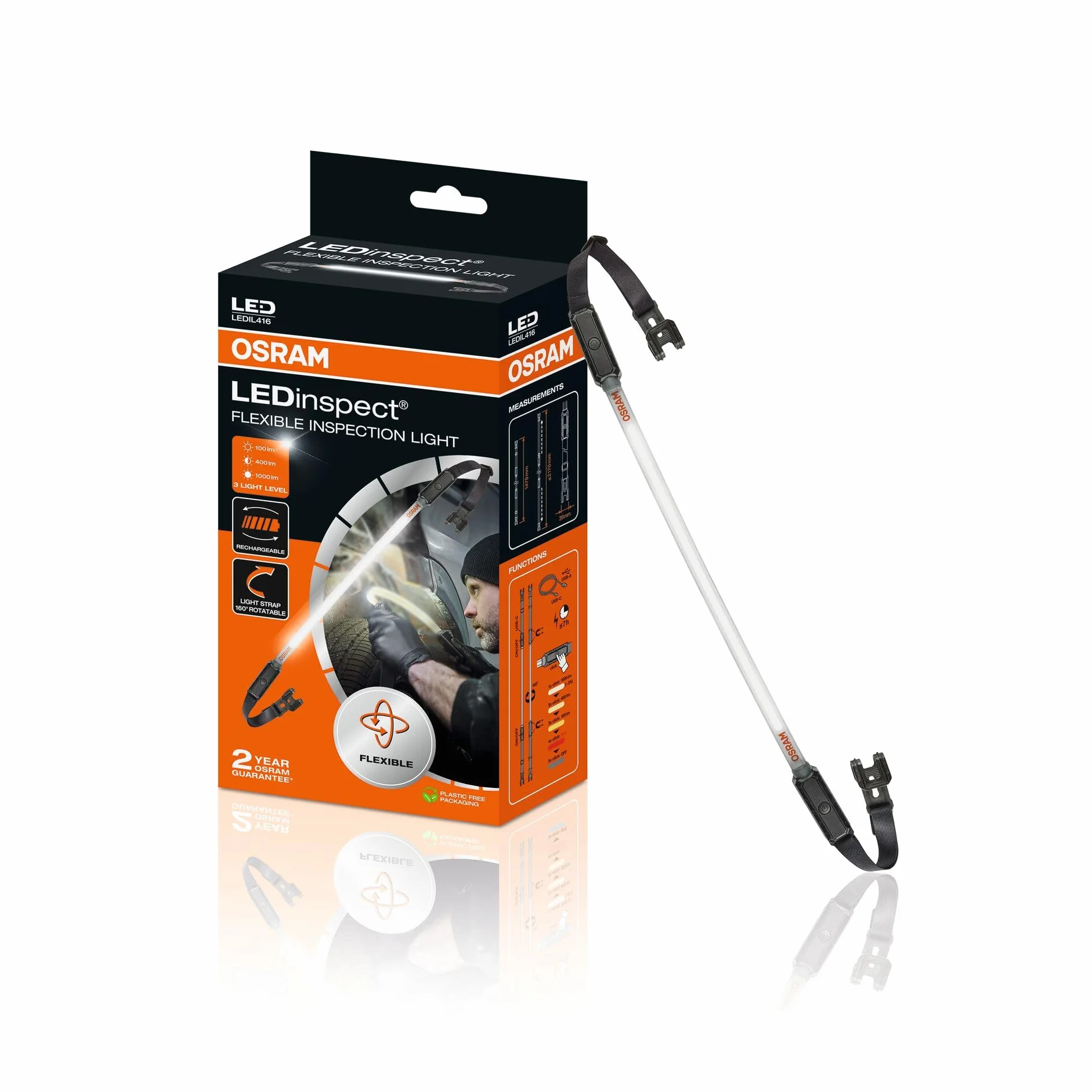 OSRAM LEDInspect FLEXIBLE INSPECTION LIGHT, akumulatorowa lampa inspekcyjna LED, 6000K, jasność do 1000 lm, zdejmowane paski elastyczne