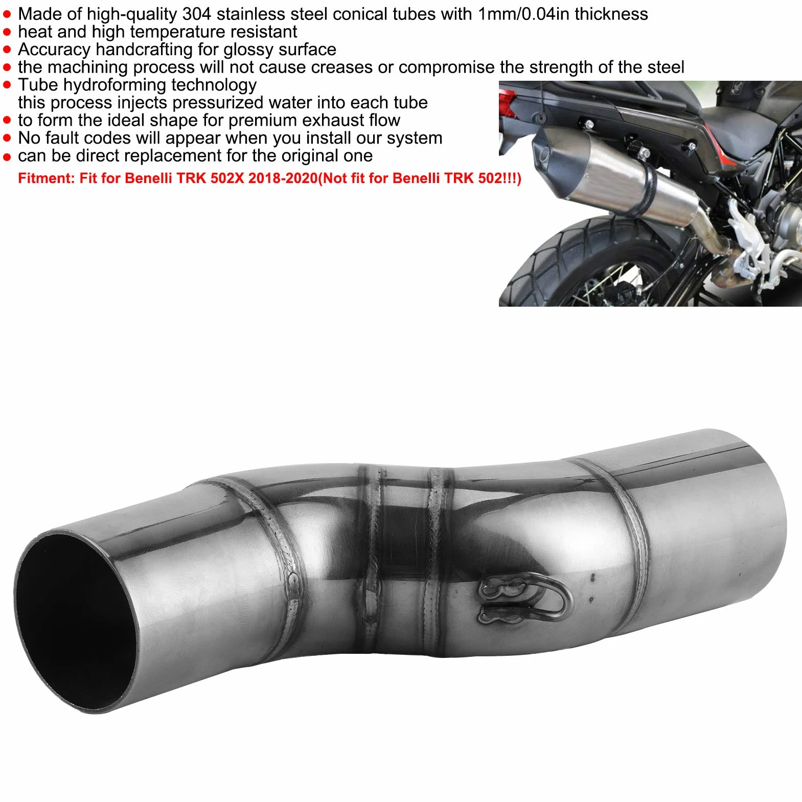 Yctze motocykl wydechowy środkowy łącznik rura ze stali nierdzewnej pasuje do Benelli TRK 502X 2018-2020 1 x środkowa rura wydechowa 2 x szekla sprężynowa