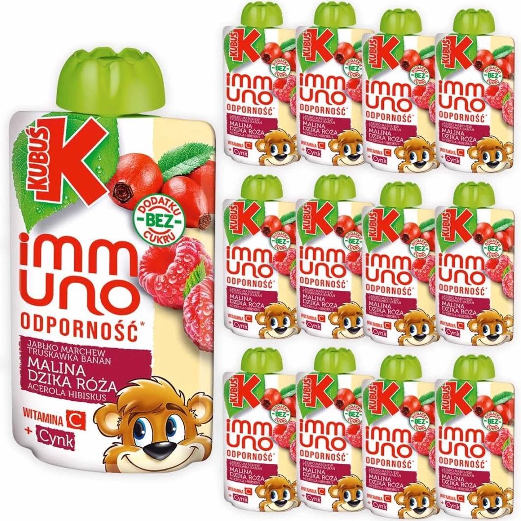 Kubuś Immuno, Mus Owocowo-Marchwiowy, Bez Dodatku Cukrów, Jabłko-Marchew-Banan-Truskawka-Malina, Z Witaminą C i Cynkiem, 12 x 100g