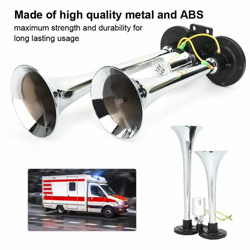 Trąbka powietrzna 130dB 12 V / 24 V, uniwersalny samochód pneumatyczny trąbka pneumatyczna podwójny klakson automatyczna ciężarówka pociągowa Metal ABS
