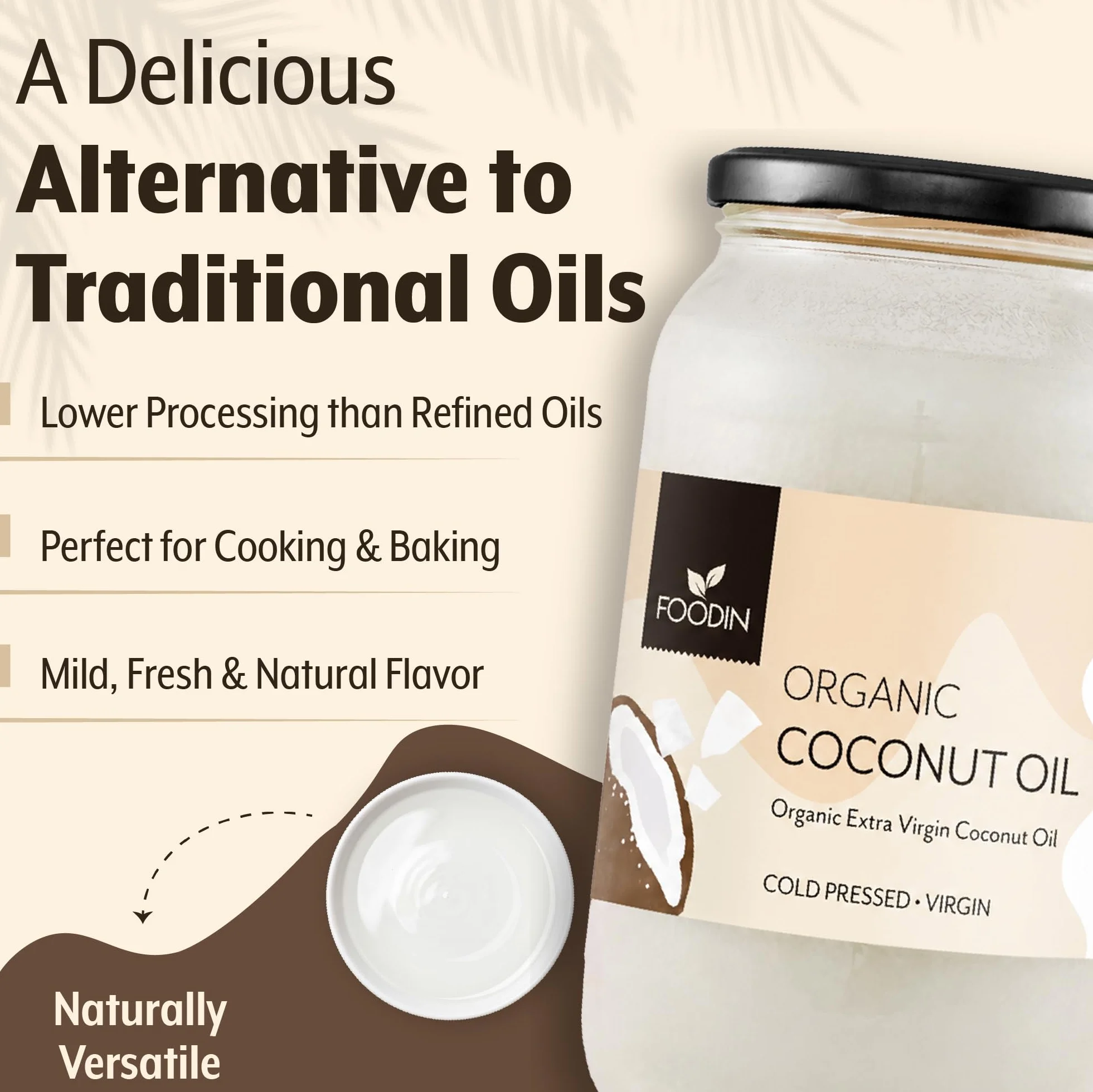 FOODIN Organiczny olej kokosowy, premium virgin i naturalny, tłoczony na zimno,organiczny olej kokosowy, najlepszy dla skóry i włosów, jakość surowej żywności - idealny do smażenia gotowania (1000ml)