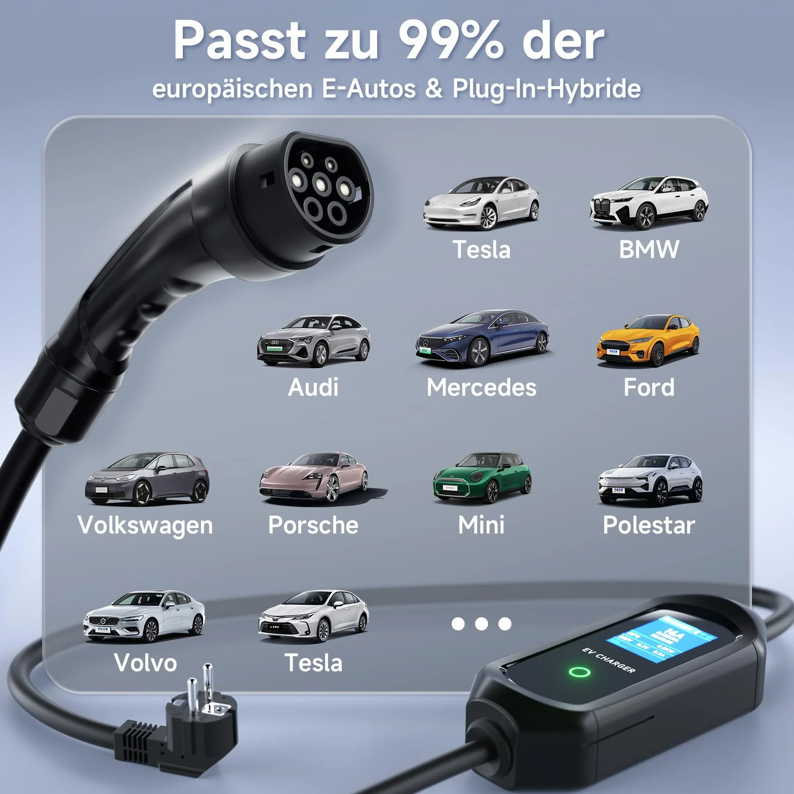Kabel do ładowania typu 2 Schuko, 3,6 kW 5 m kabel do ładowania typu 2, przenośna ładowarka EV, regulacja mocy (6-16A) i timer (0-15 godzin), z torbą do przenoszenia, do wszystkich PHEV i EV